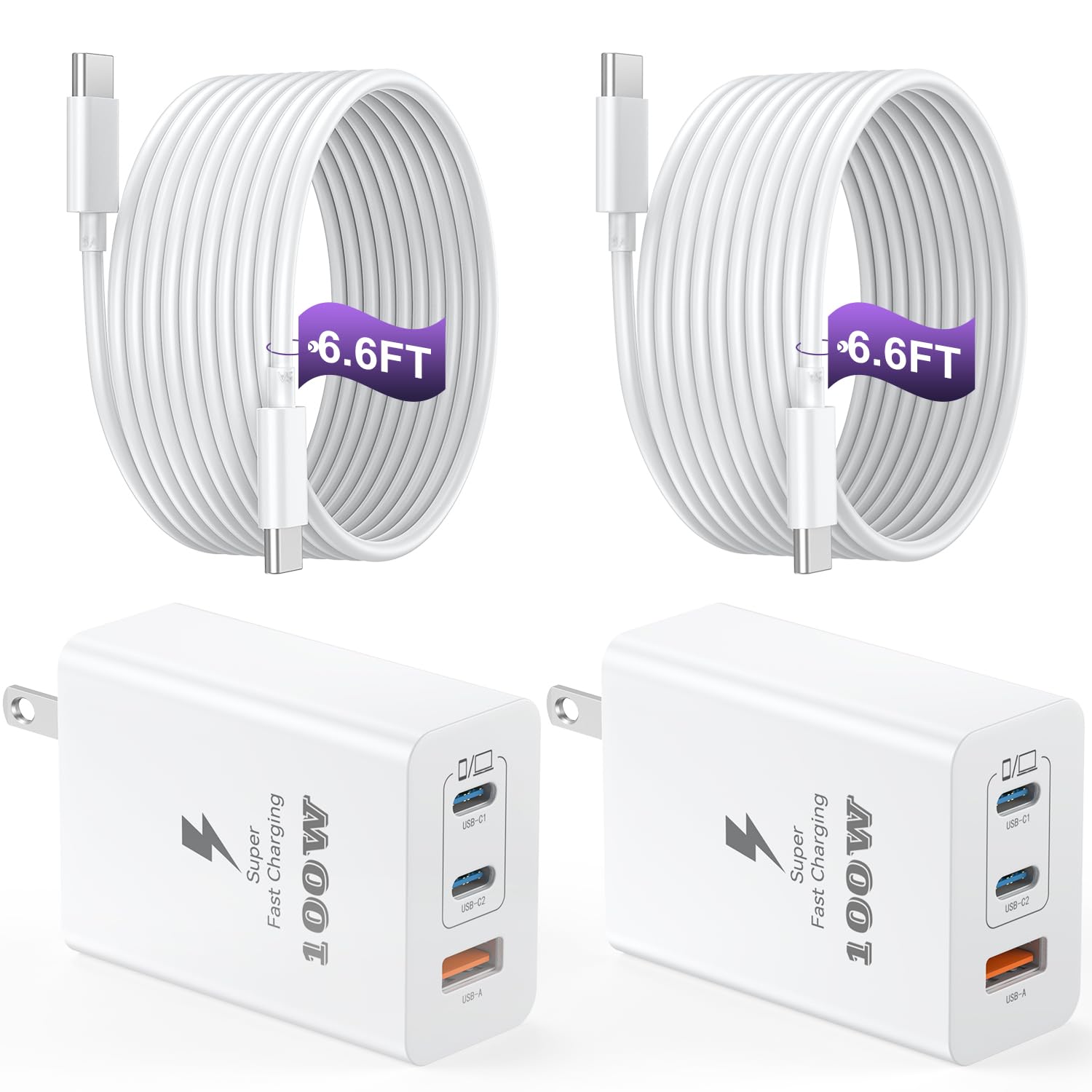 USB C Charger Block 100W, 3-Port GaN Super Fast Charger, Type C Wall Charger Adapter with 6.6ft USB C Charging Cable for MacBook