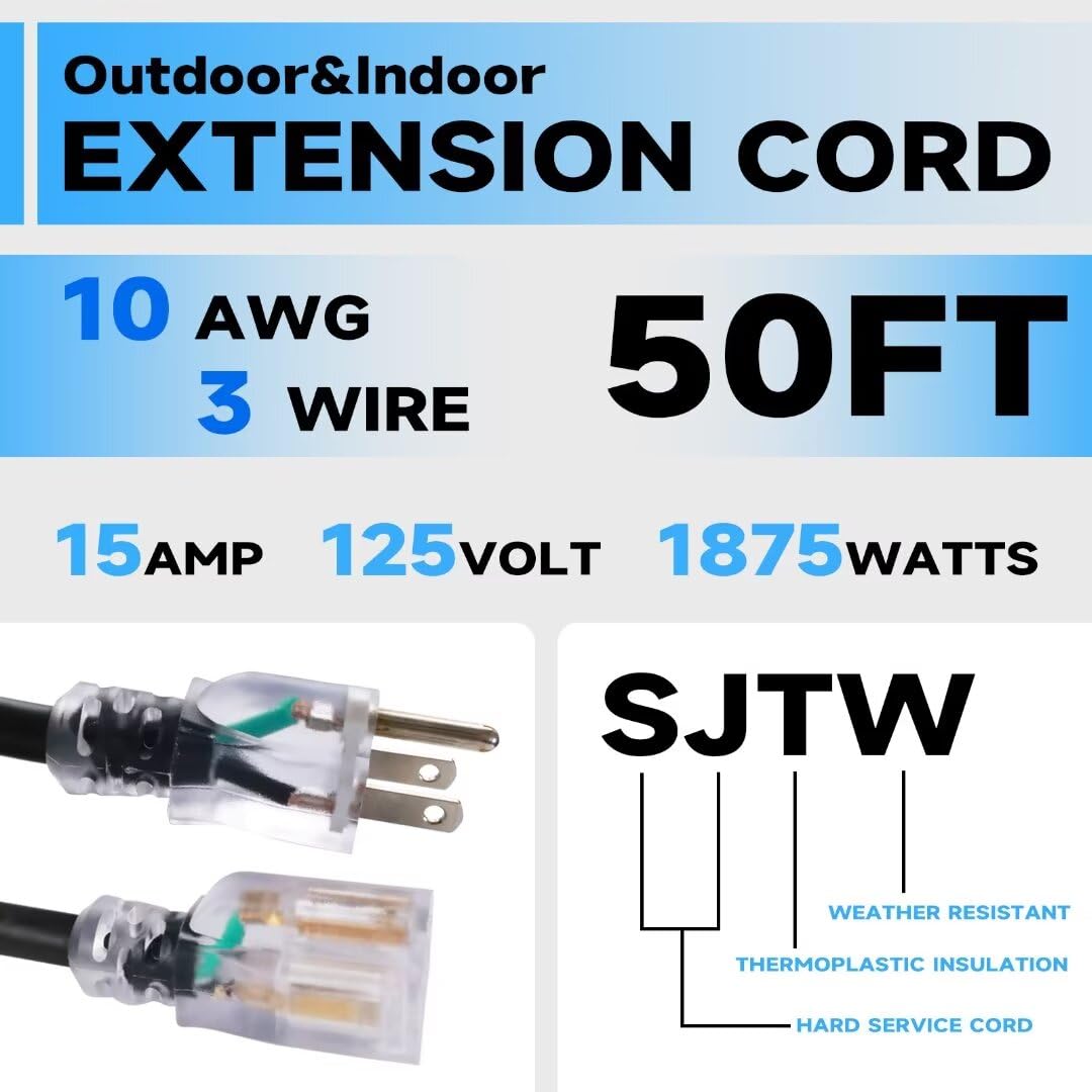 Greatide 50 Ft Lighted Outdoor Extension Cord   10/3 Sjtw Heavy Duty Black Extension Cable With 3 Prong Grounded Plug For Safety