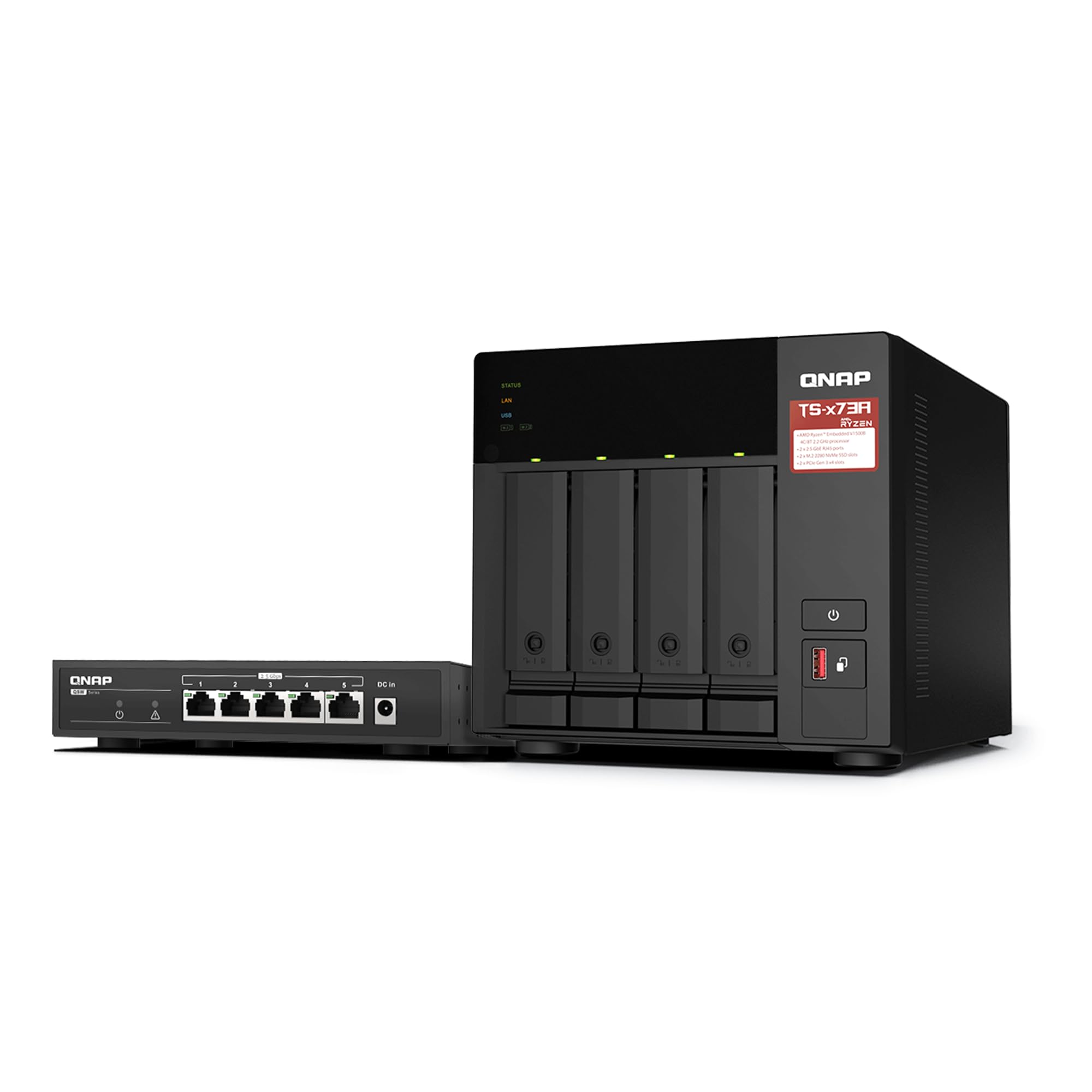Qnap Ts 473A 4 Bay Amd Ryzen Quad Core 2.5Gbe Nas With Qsw 1105 5T 5 Port 2.5Gbe Unmanaged Switch