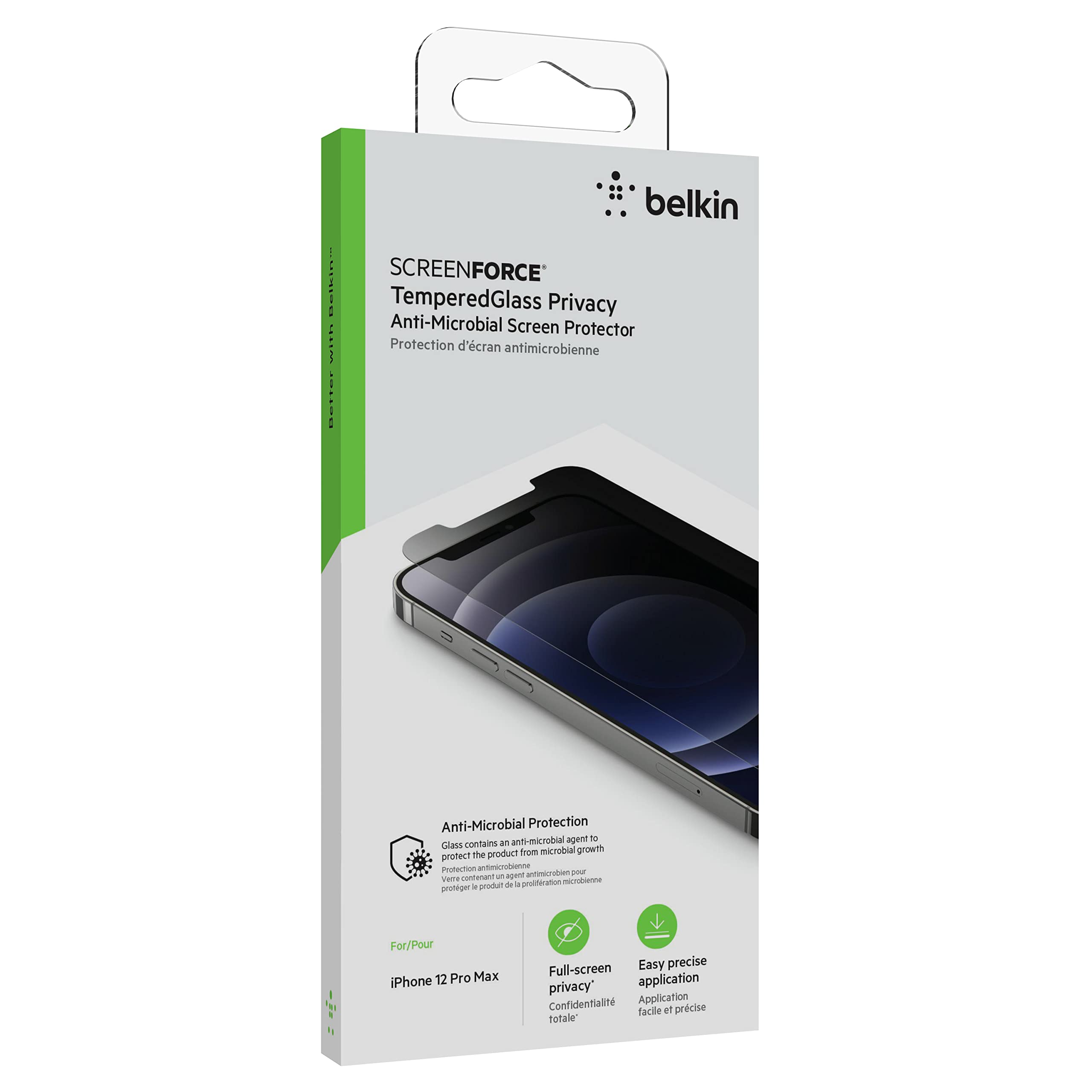 Belkin iPhone 12 Pro Max Screen Protector TemperedGlass Privacy Antimicrobial Treated, Clear (OVA031zz)
