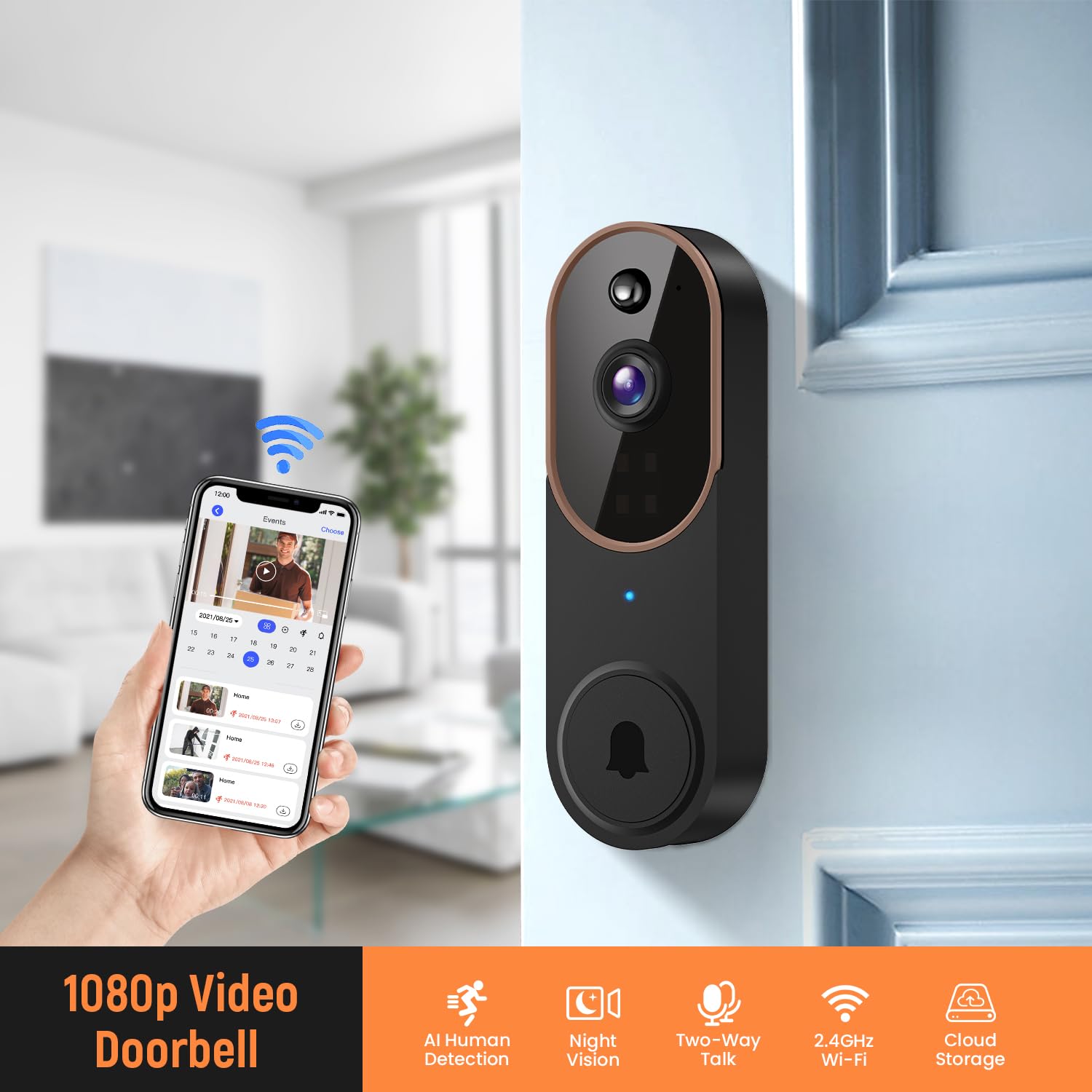 Gridtera 1080P Wireless Video Doorbell Camera With Chime, Ai Human Detection, Live View, Night Vision, Cloud Storage, 2.4G Wifi,