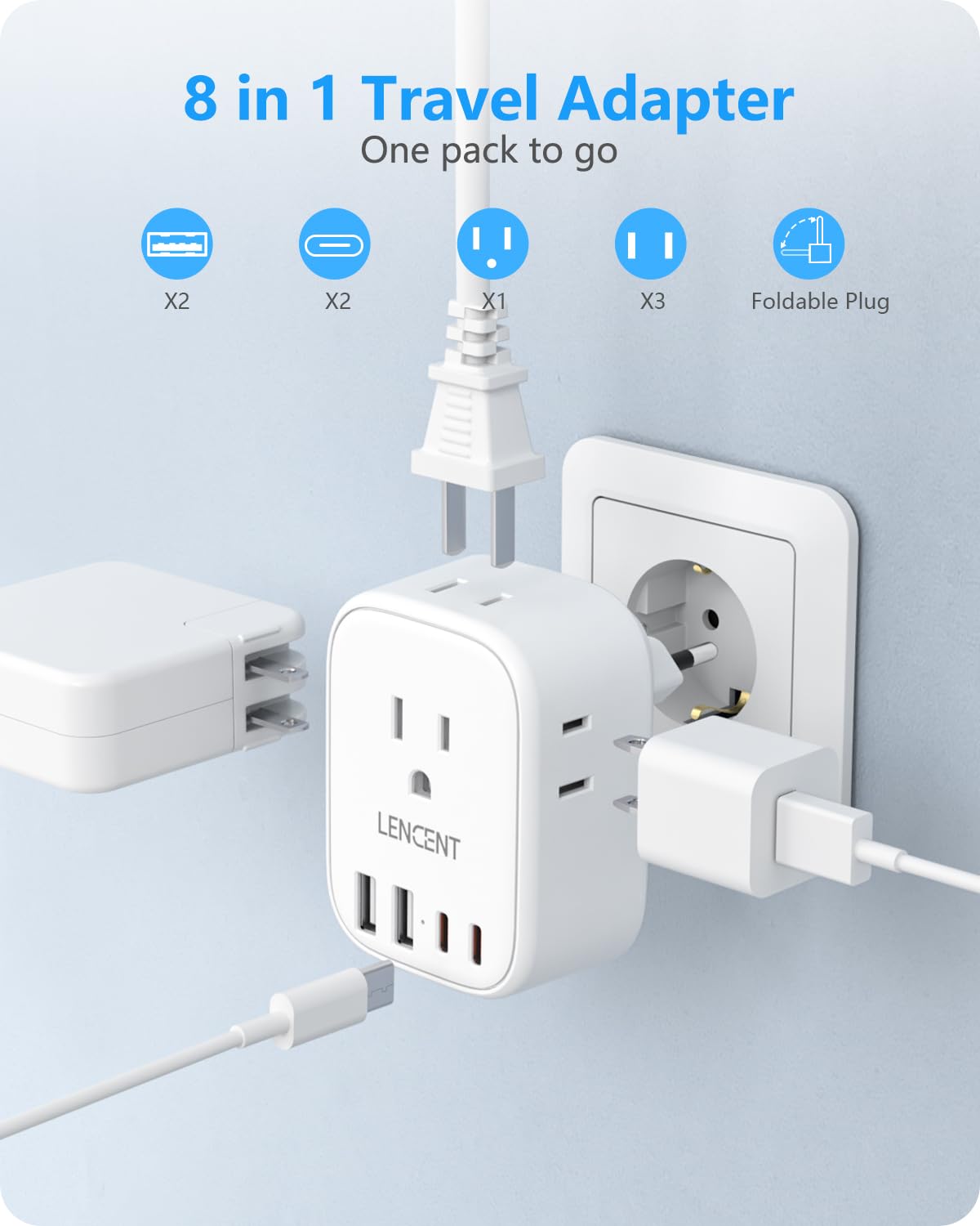 European Travel Plug Adapter, Lencent International Type C Foldable Power Plug With 4 Outlets, Usb C Charger Adaptor, Us To Most