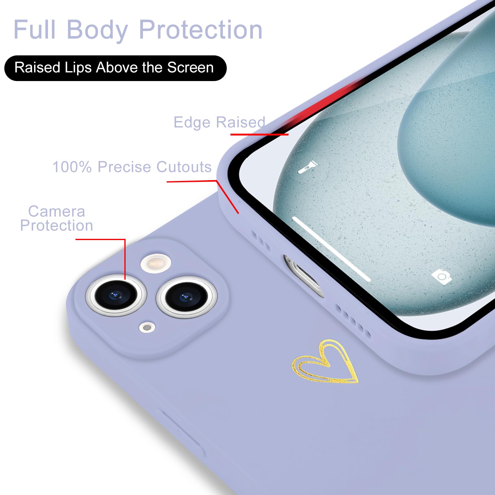 Wirvyuer For Iphone 14 Case Cute Heart Pattern Soft Shockproof Protective Silicone Phone Case For Women Girls, Lilac Purple