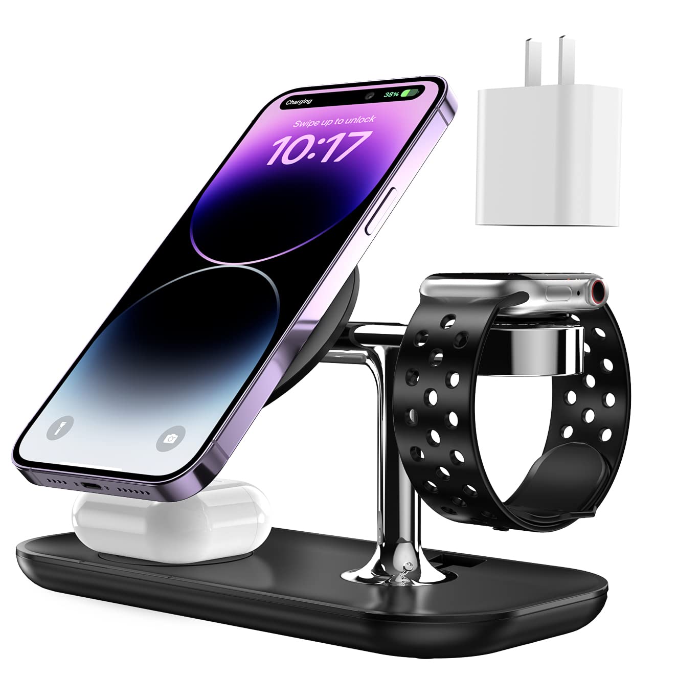 Makaqi 3 In 1 Mag Safe Charging Station, Wireless Charger Stand Compatible With Magsafe Charger Iphone 14/13/12, Fast Charging S
