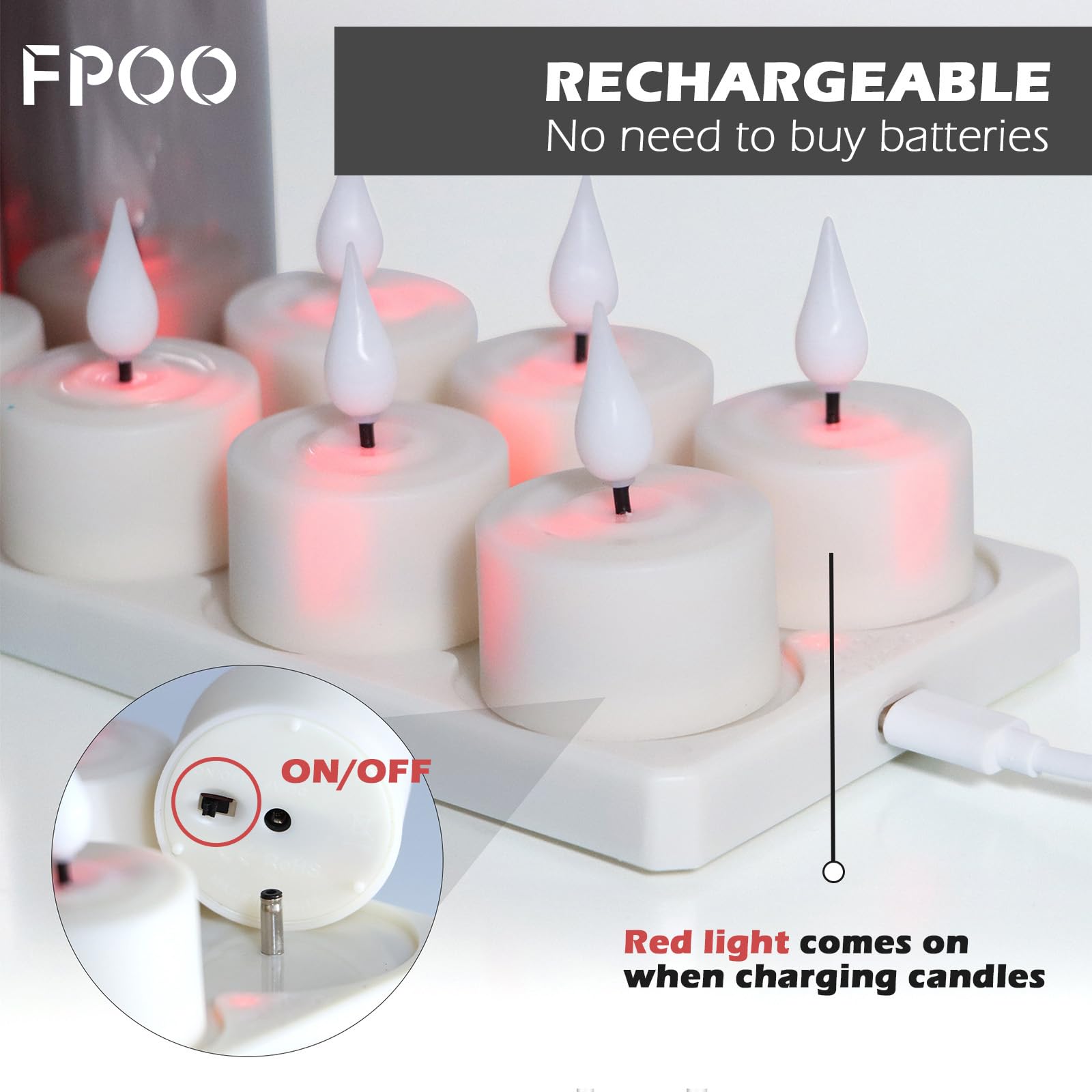 Fpoo Rechargeable Tea Lights Candles With Remote Timer, 12 Packs Flameless Flickering Led Tea Lights Votive Candles With Usb Cha