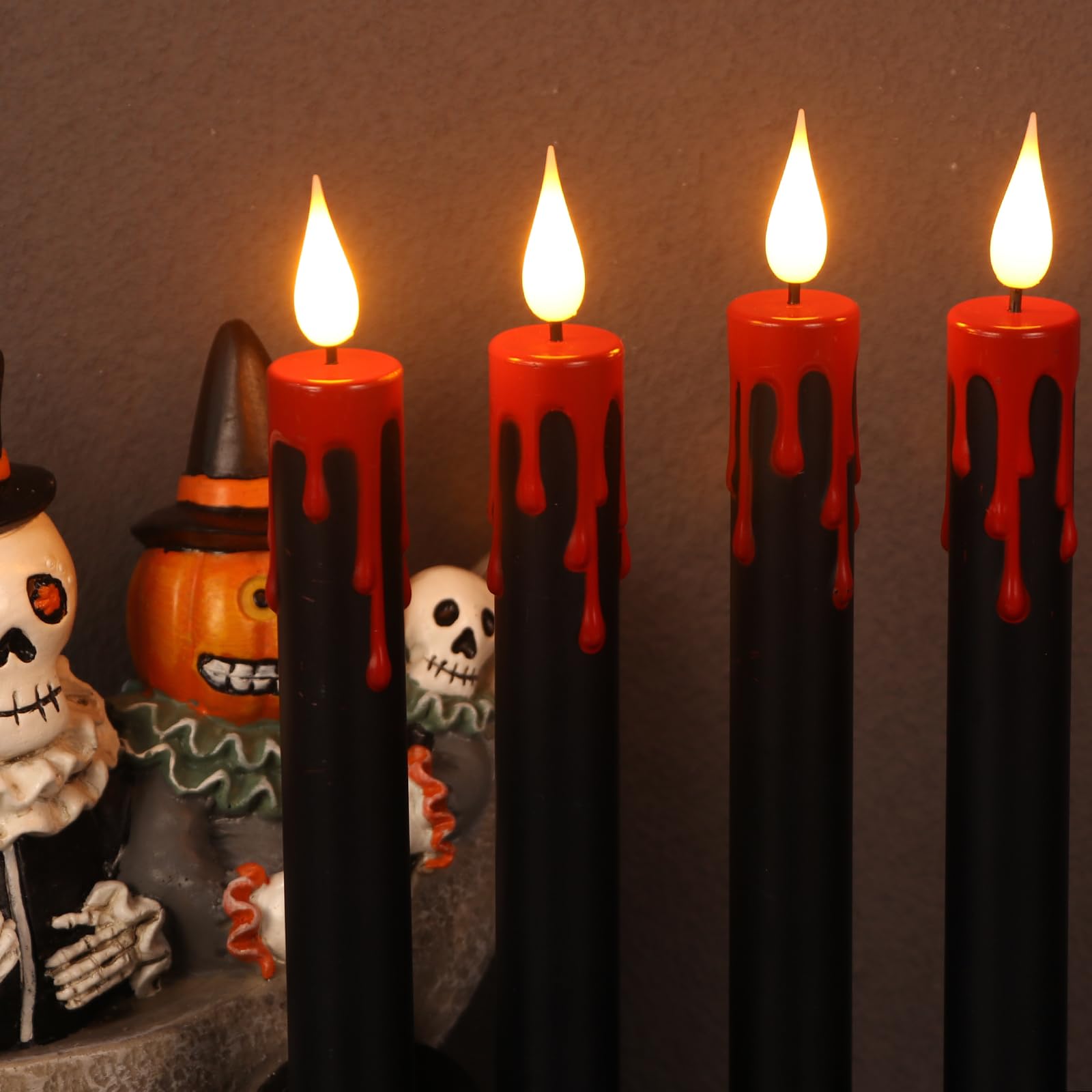Lasumora Halloween Black Flameless Taper Candles Flickering With Remote Timer, Battery Operated Led Taper Candle, 4 Pcs Drip Wax