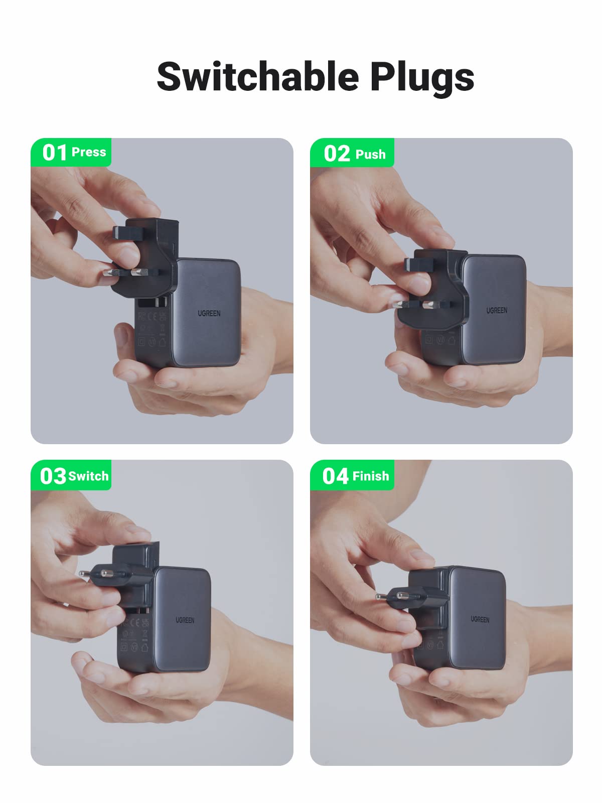 Ugreen 65W Usb C Charger, Nexode 3 Port Travel Charger Gan Fast International Charger With Us Uk Eu Plug, Usb C Power Adapter Fo