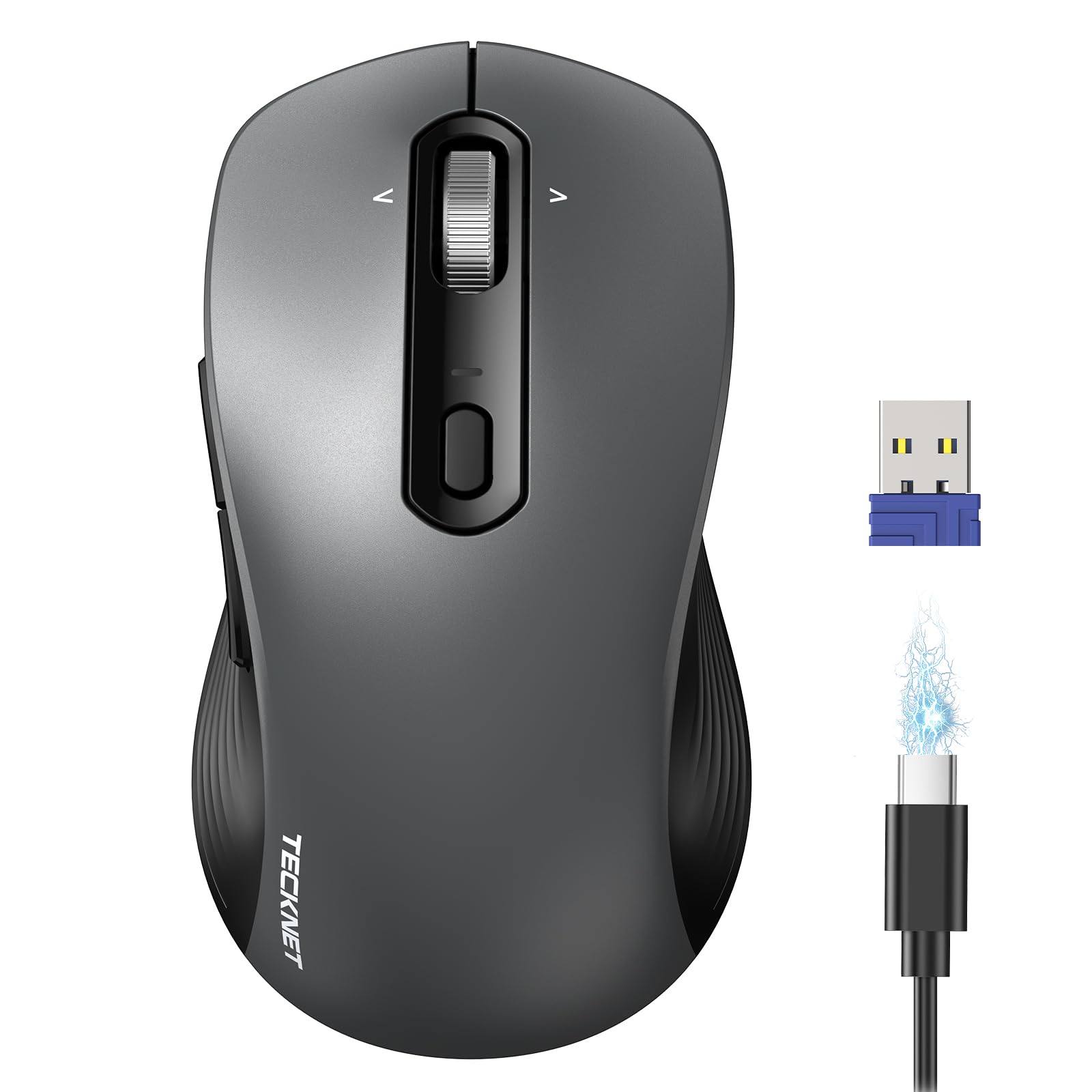 TECKNET Rechargeable Bluetooth Mouse, [ USB + BT5.0 + BT3.0 ] Wireless Mouse, Ergonomic 4-Way Scroll Wheel Computer Mice, 6-Leve