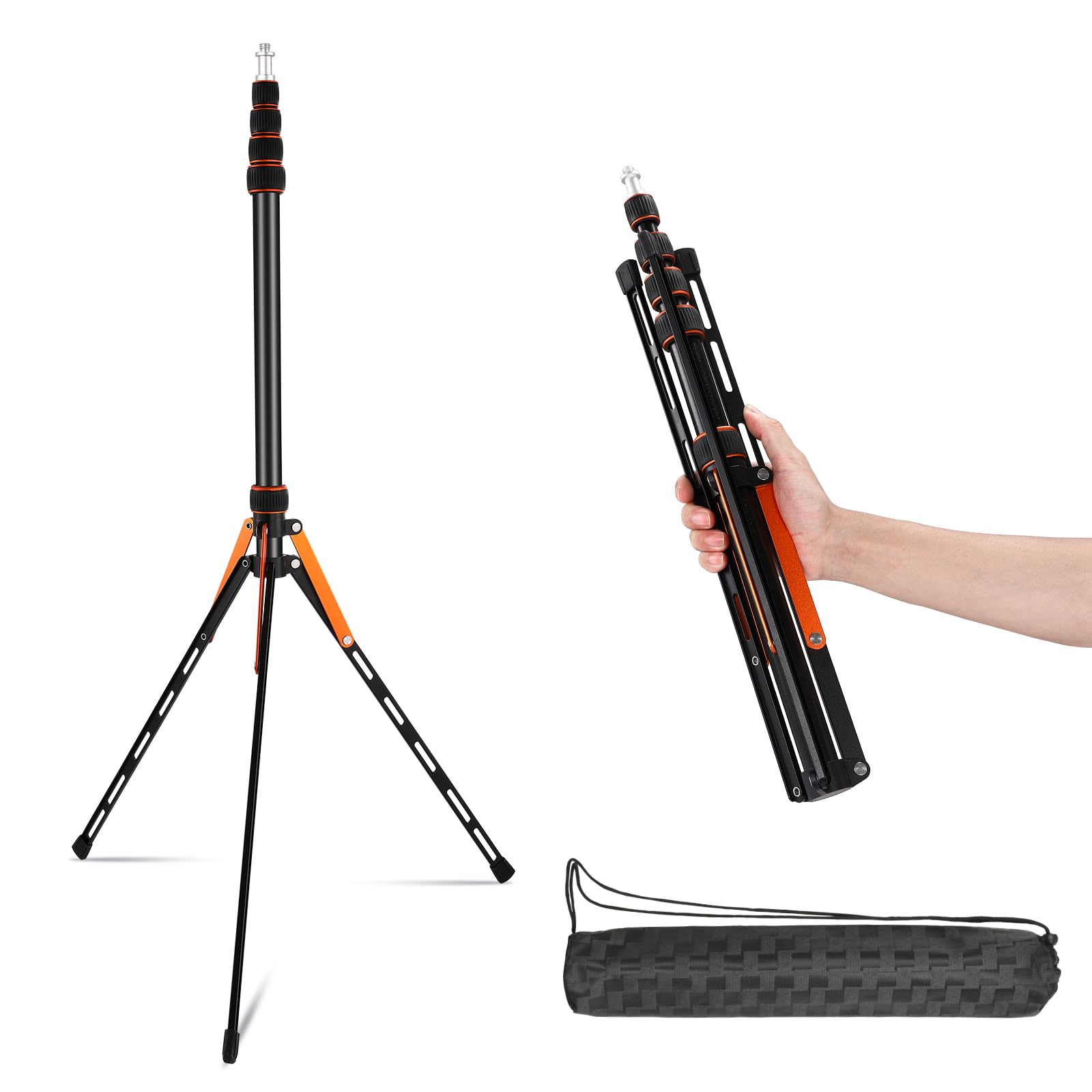 Portable Travel Light Stand Folding Travel Tripod With 180 Reversible Leg,1/4'' To 3/8'' Screw Adapter, 220Cm/7Ft For Outdoor/In