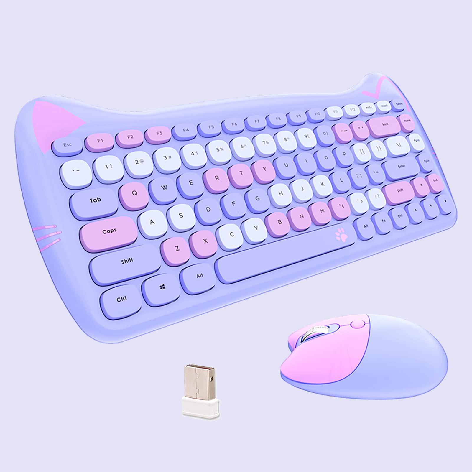 Cute Cat 2.4G Usb Wireless Keyboard And Mouse Combo, Silent Keys, Candy Colors, Compatible With Notebook, Pc (Purple 84Keys)