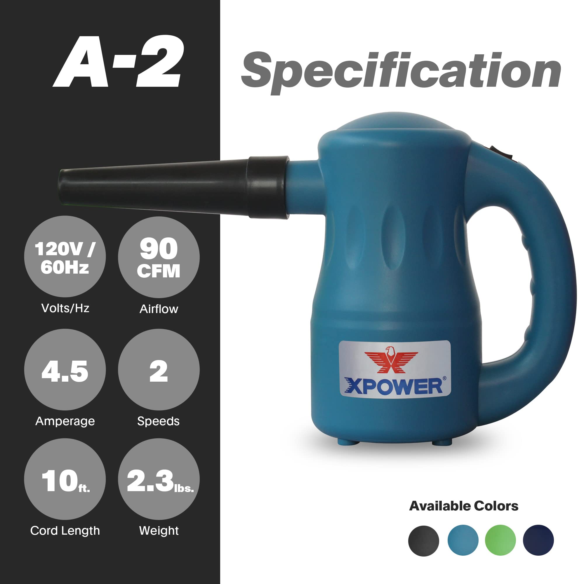 Xpower A-2 Airrow Pro Electric Air Duster For Dusting, Drying, Inflating, Car Detailing, Computer, Leaf Blowing, 90 Cfm, 7 Nozzl
