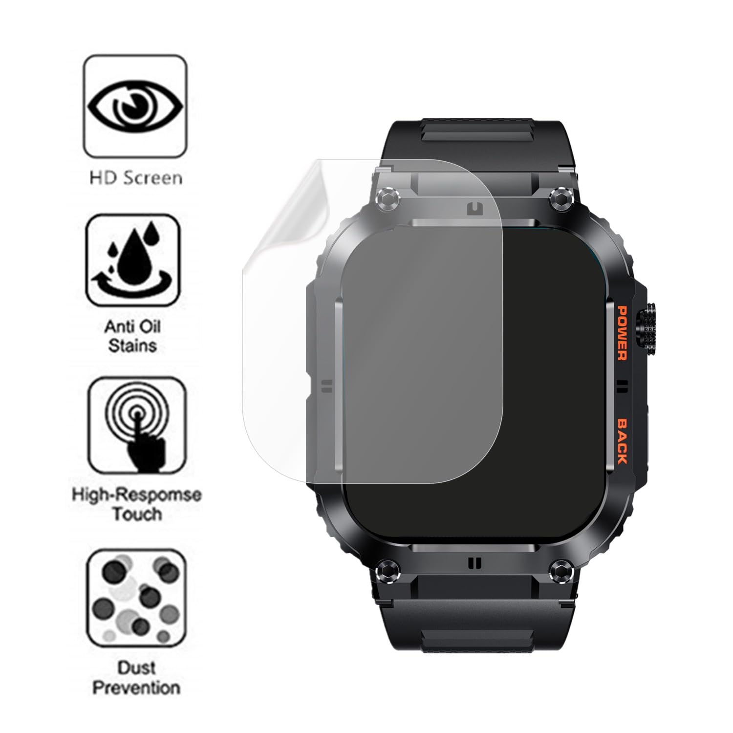 Aemus Screen Protector Compatible For Ypaddbu, Hvlgmrc Military Smart Watch 1.96 Inches (6 Pack) Pet Clear Film Compatible For J