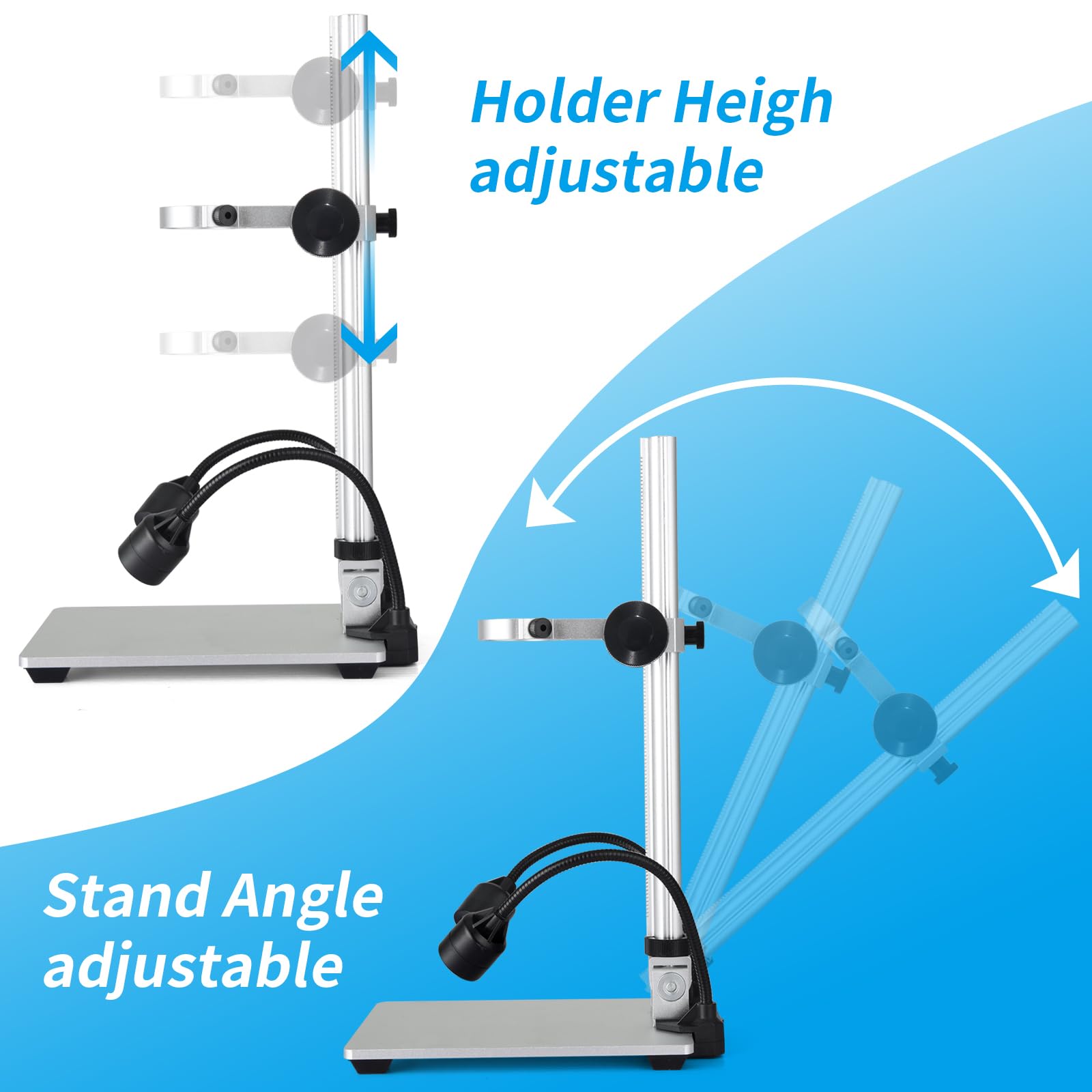 Koolertron 12Inch Extended Aluminum Microscope Stand With 2 Fill Lights, Portable Adjustable Manual Focus Lcd Digital Microscope