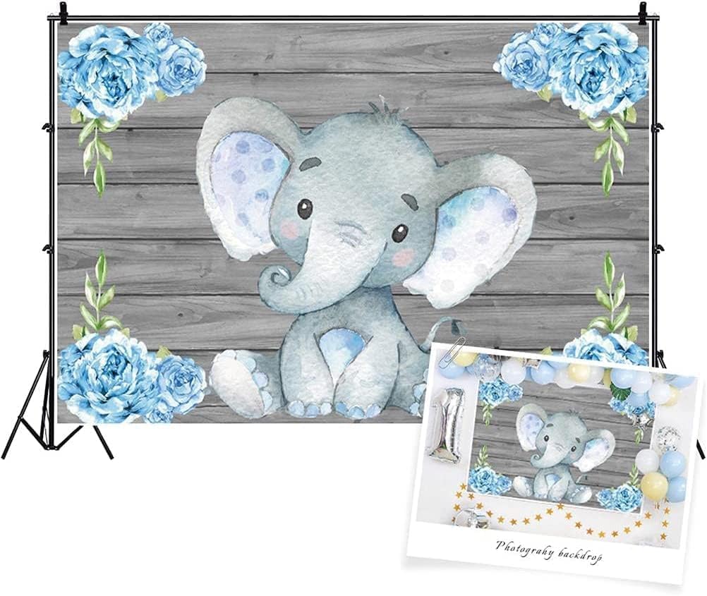 Aofoto 5X3Ft Cute Baby Elephant Backdrop Baby Shower Birthday Party Decoration Banner Photography Background Sweet Watercolor Flowers Grey Wood Cartoon Animal Newborn Infant Child Photos Studio Props