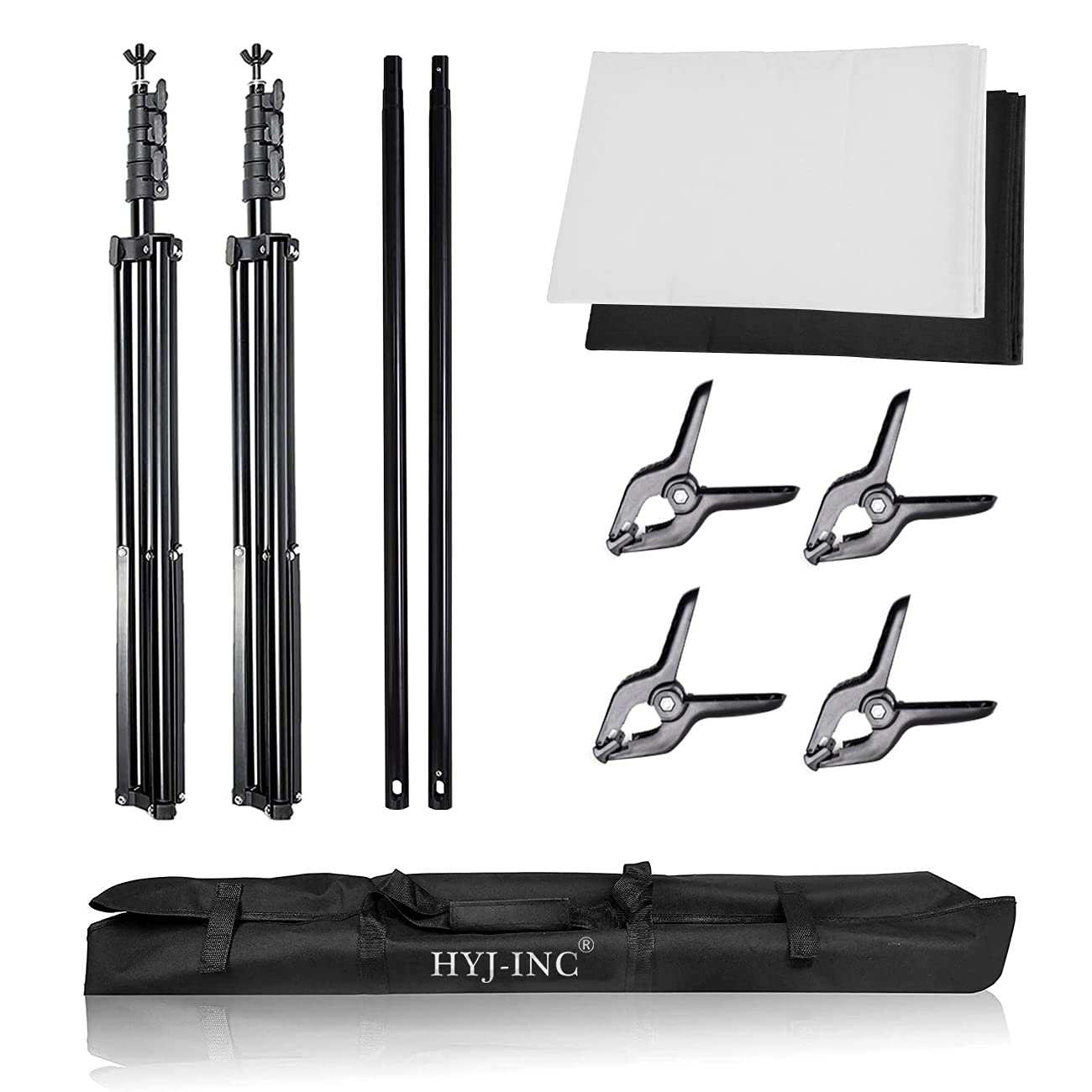 Hyj Inc Photo Background Support System With 8.5 X 10Ft Backdrop Stand Kit, 100% Cotton Muslin Backdrop (White Black),Clamp, Car