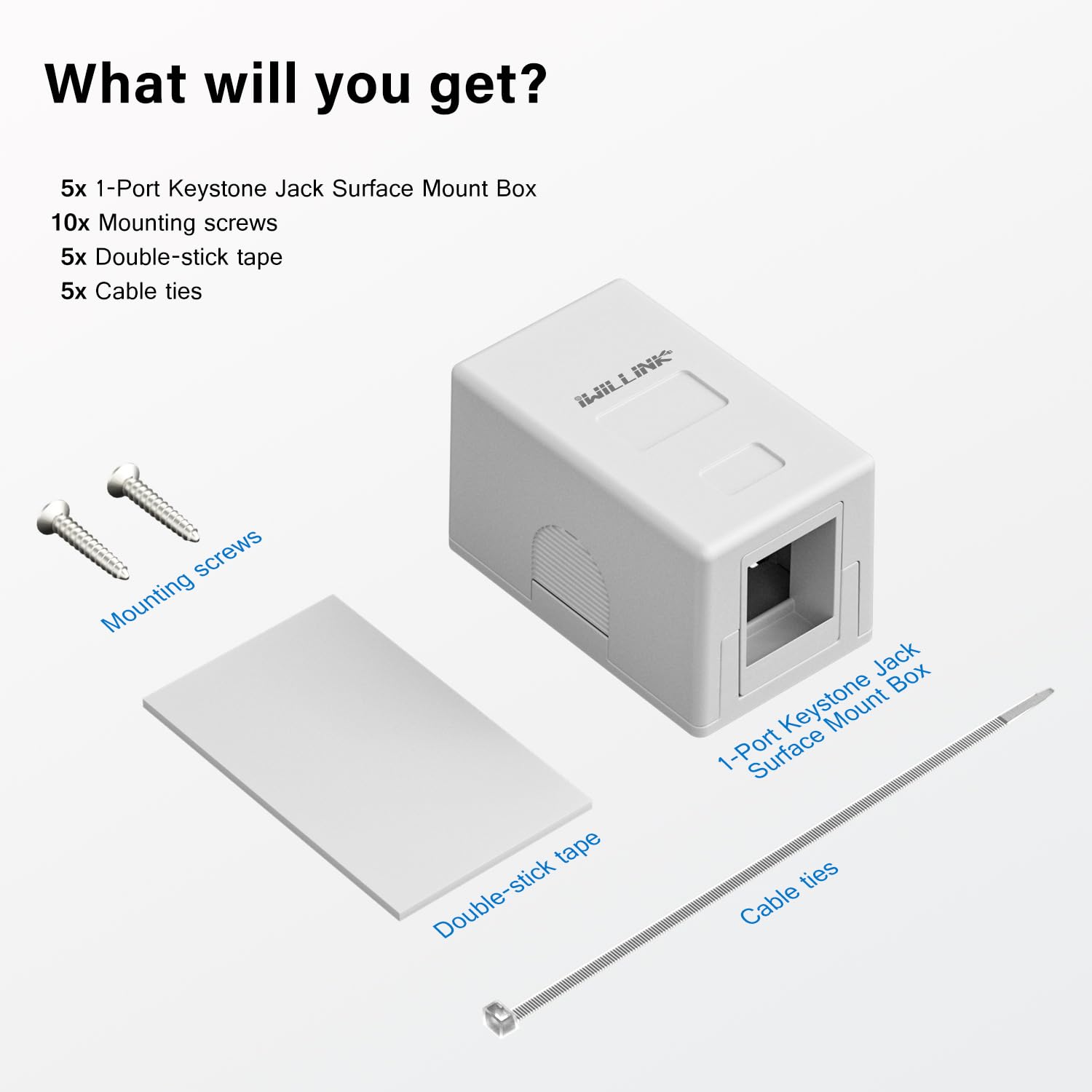 Iwillink 1 Port Keystone Jack Surface Mount Box, White 5 Pack