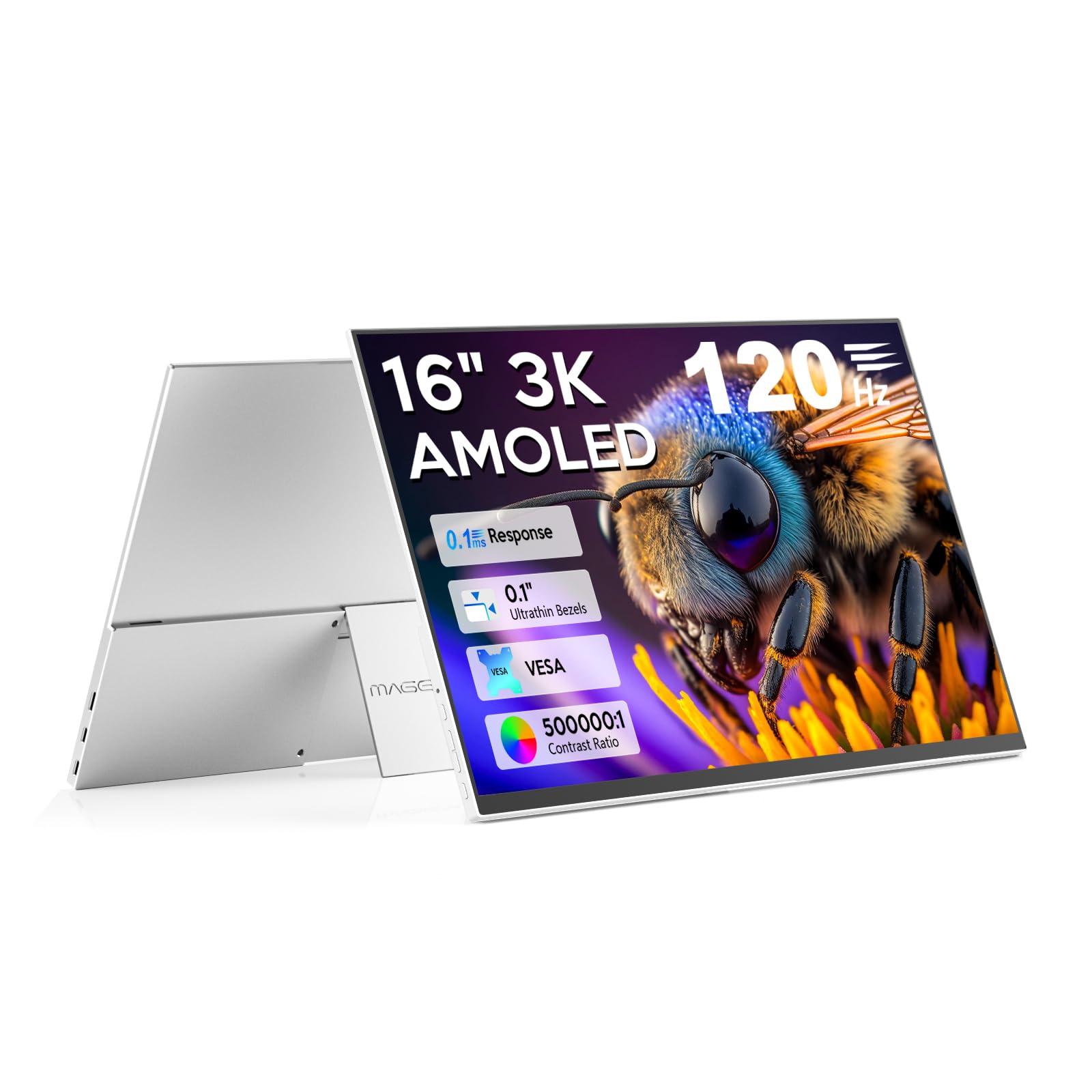 16'' Oled Portable Monitor, 3K 2880X1800 120Hz 0.1Ms Usb C Hdmi Oled Monitor With Ultra Thin Bezels 120% Dci P3 Kickstand Speake