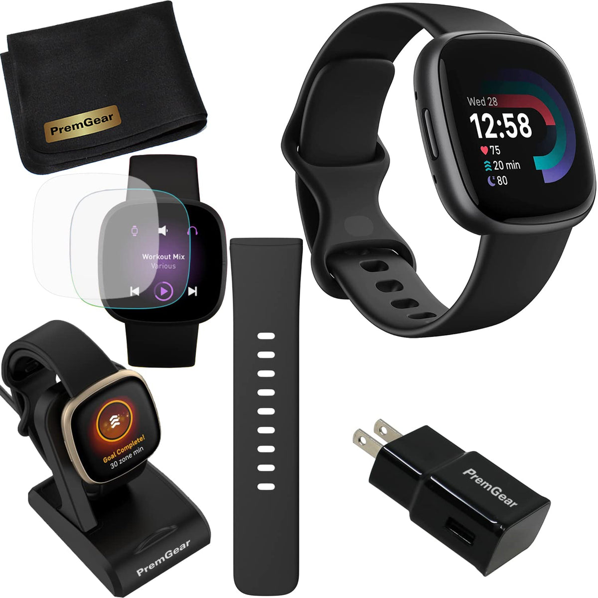 Fitbit Versa 4 Health And Fitness Smart Watch (Black/Graphite) With Built-In Gps, 6 Day Battery Life, S & L Bands, Bundle With 3