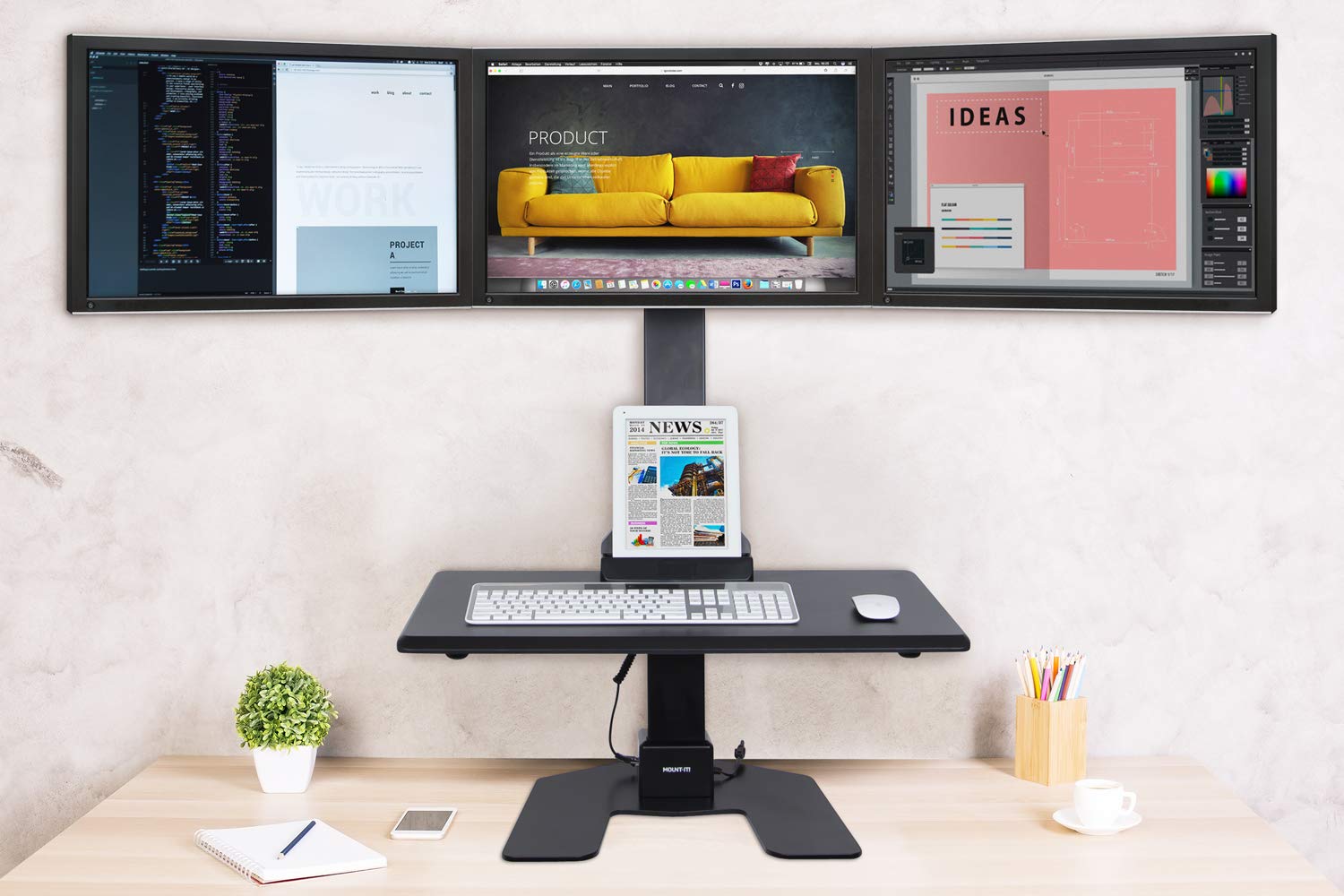 Mount It! Triple Monitor Electric Standing Desk Converter   3 Screens Stand Up Desk Riser   Height Adjustable Desktop & 3 Mounts for Screens up to 32', Sit Stand Convertor for Home, Office, School