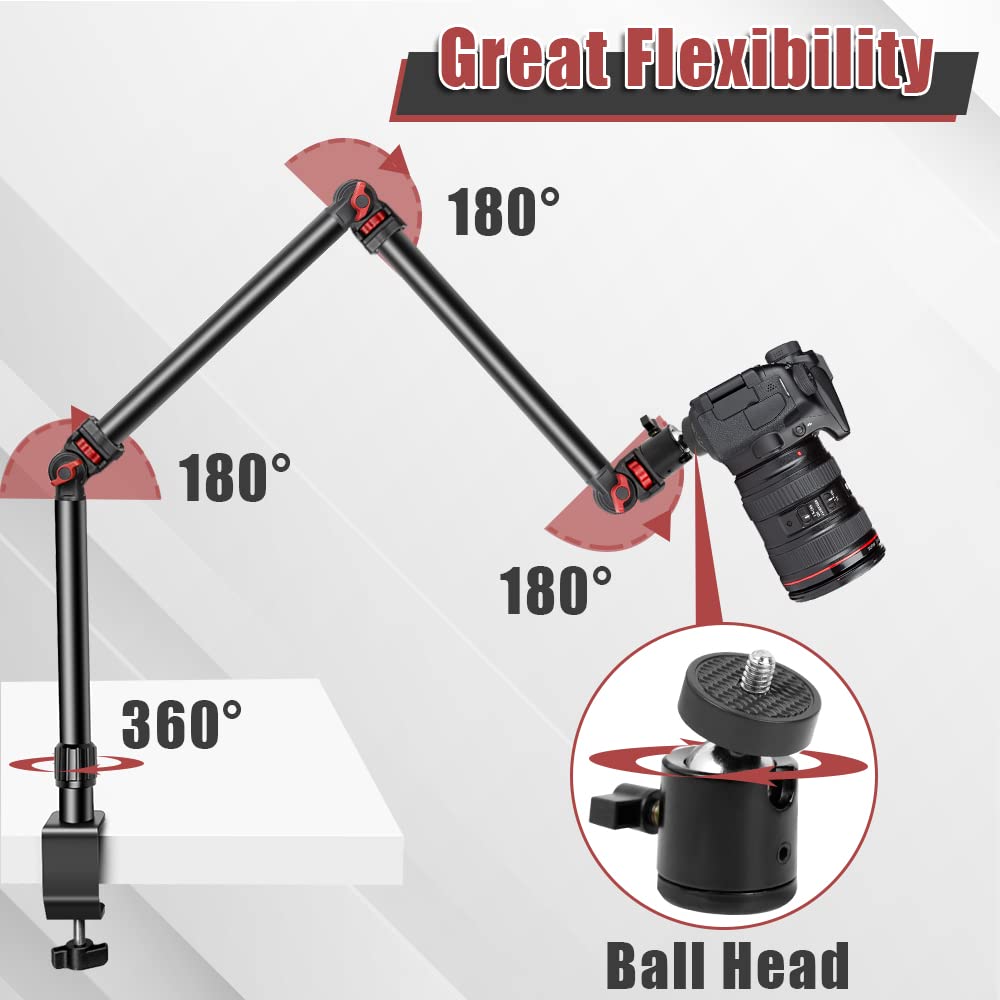 Foutoukeep Overhead Camera Mount With 1/4 3/8'' 5/8'' Screws, Adjustable 3 Section Desk Camera Mounts With 180 Range & 360 Base