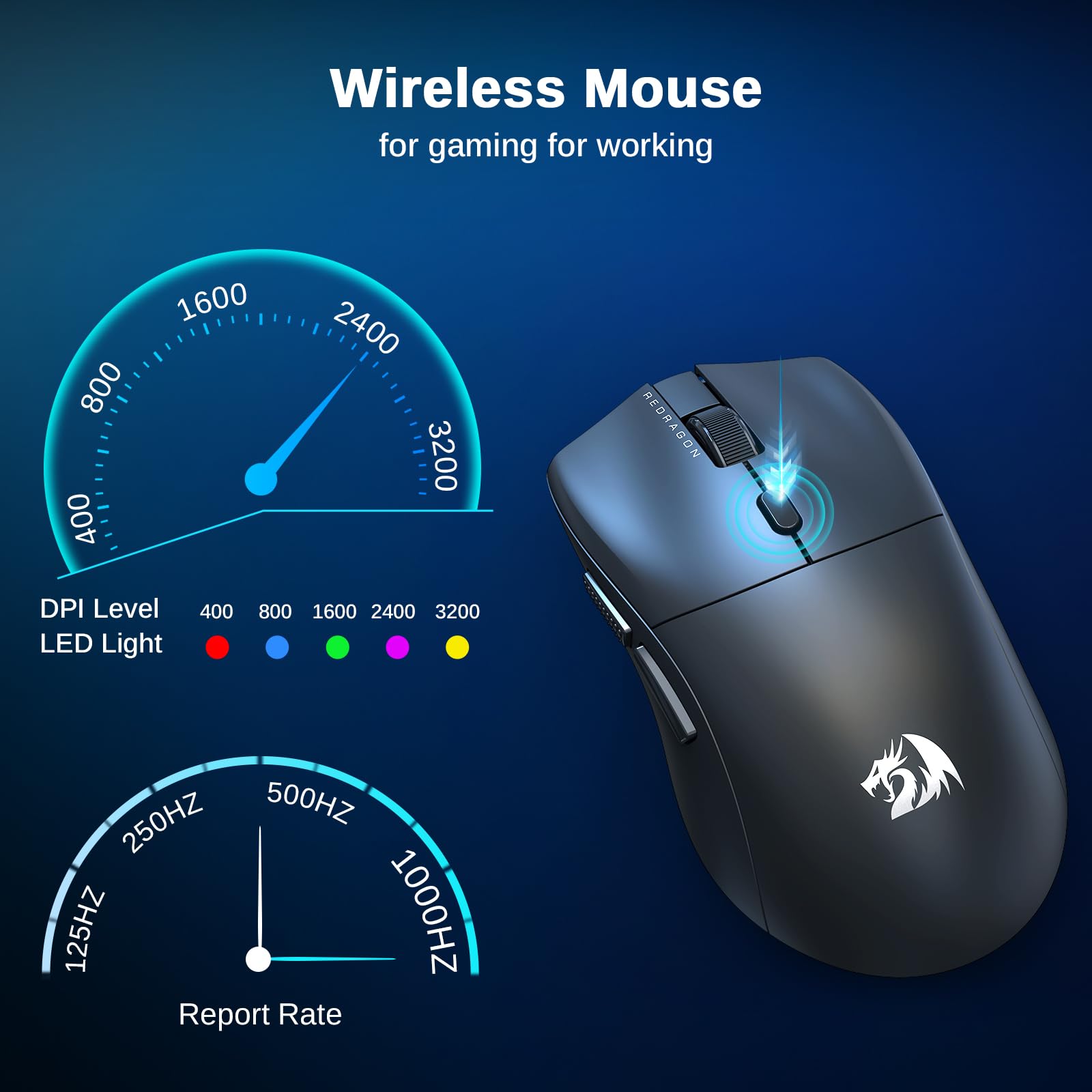 Redragon Wireless Gaming Mouse, 3 Modes Lightweight Wireless Mouse, Full Programmable Buttons, 12000 Dpi Software Supports Diy K