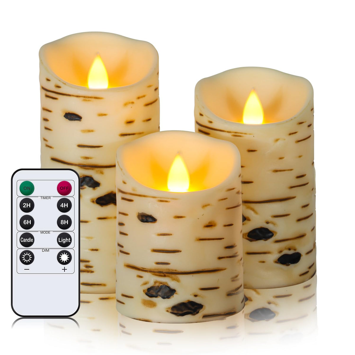 Metaku Flameless Candles Battery Operated Set Of 3 Birch Bark Led Pillar Candles With Remote,3D Moving Wick Electric Decorative 