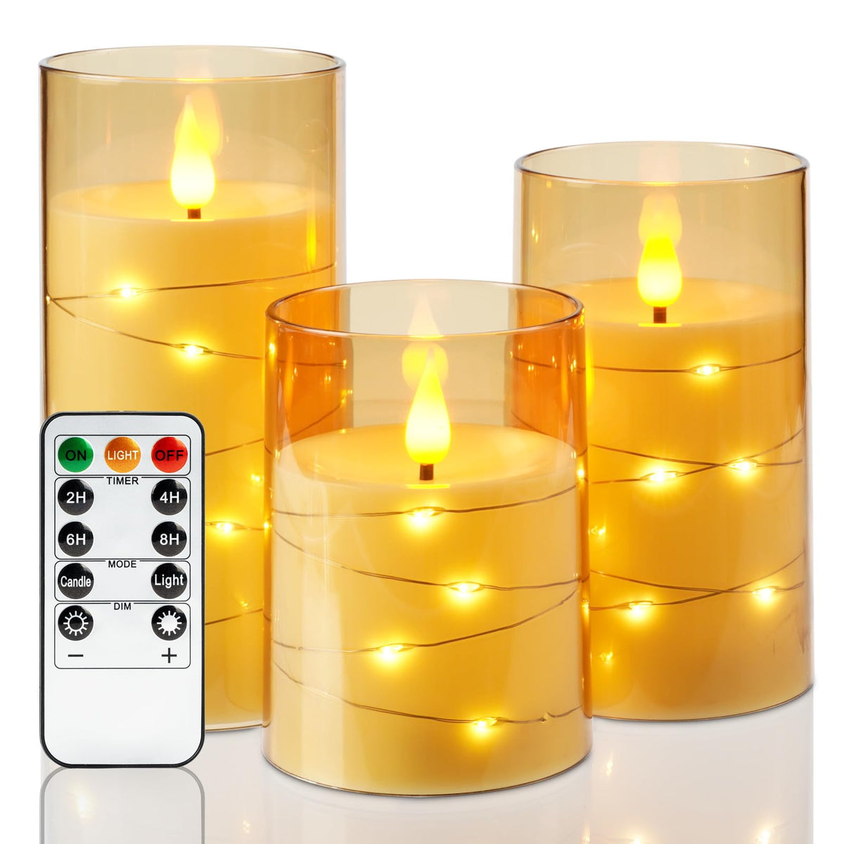 Amagic Flameless Candles 3 Set, Flickering Battery Operated Candles Embedded Fairy String Light, Realistic Pillar Candle With Re