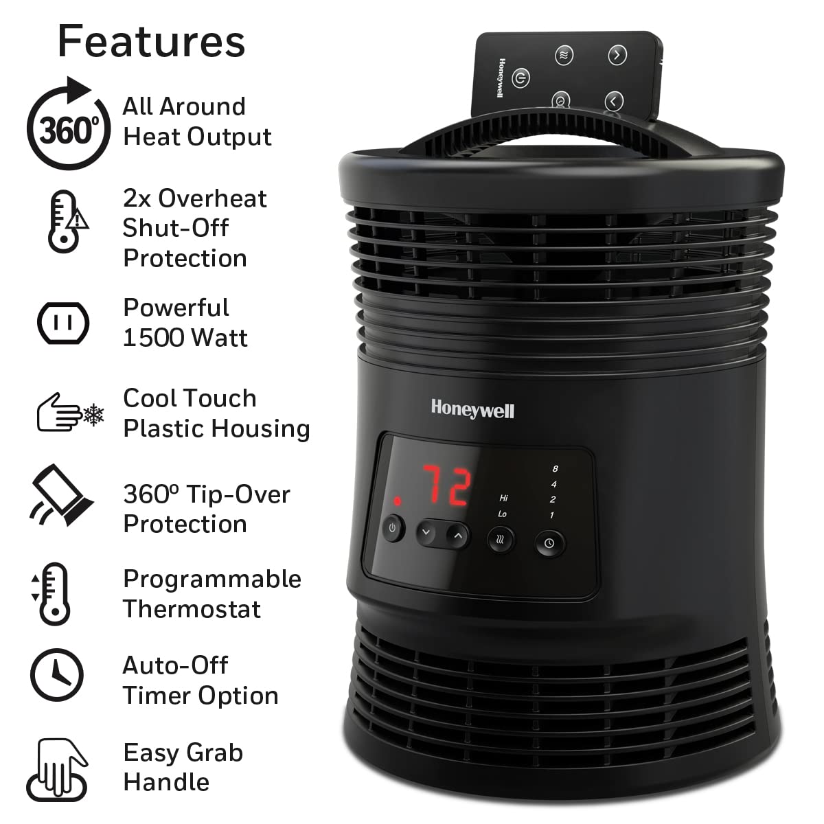 Honeywell 360 Degree Surround Fan Forced Heater For Home, Bedroom, Or Office. Energy Efficient Portable Heater With Adjustable T