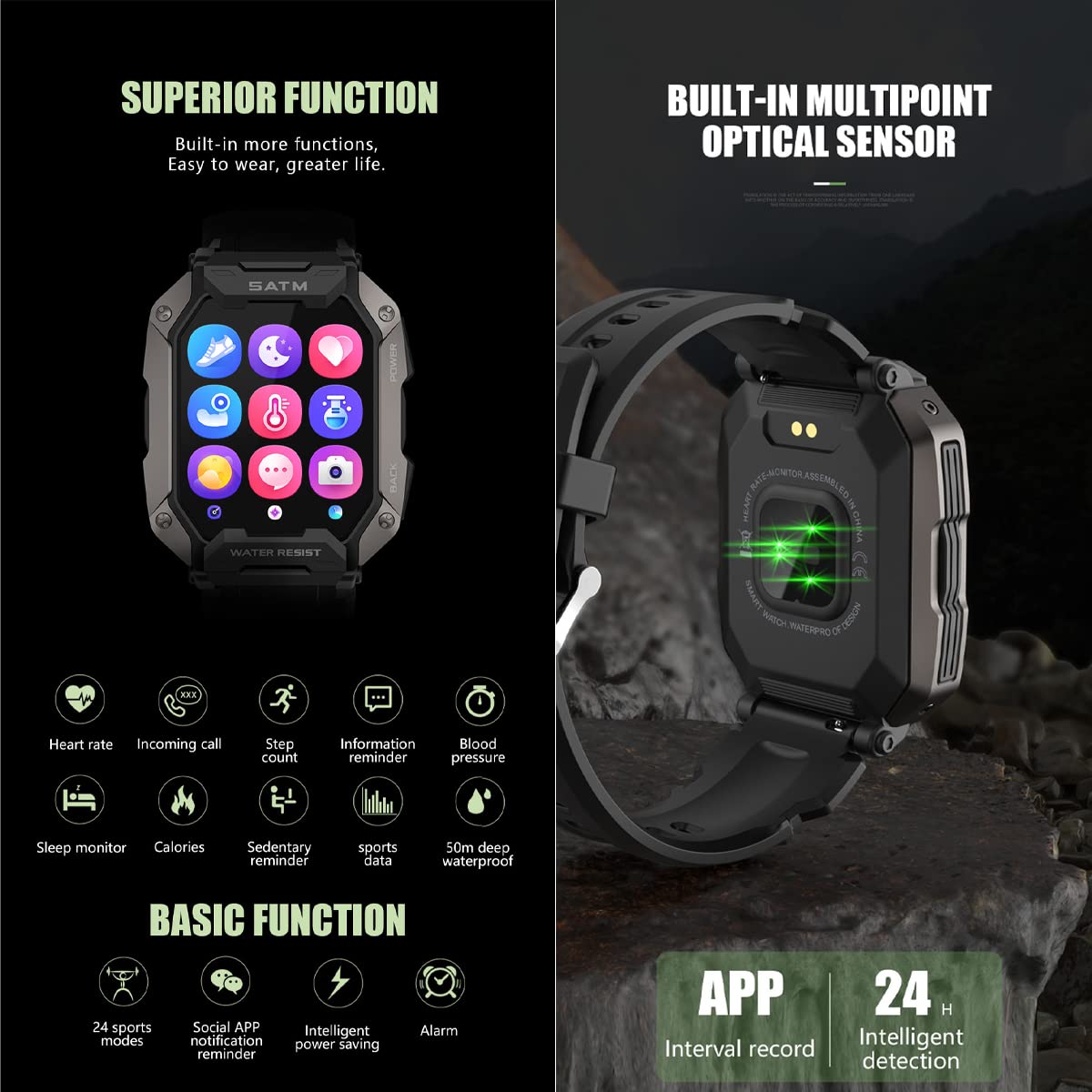 Pasnew Smart Watches For Men,Ip68 Waterproof Military Grade Bluetooth Call,Sports,Pedometer,Health Watch For Iphone Phones And A