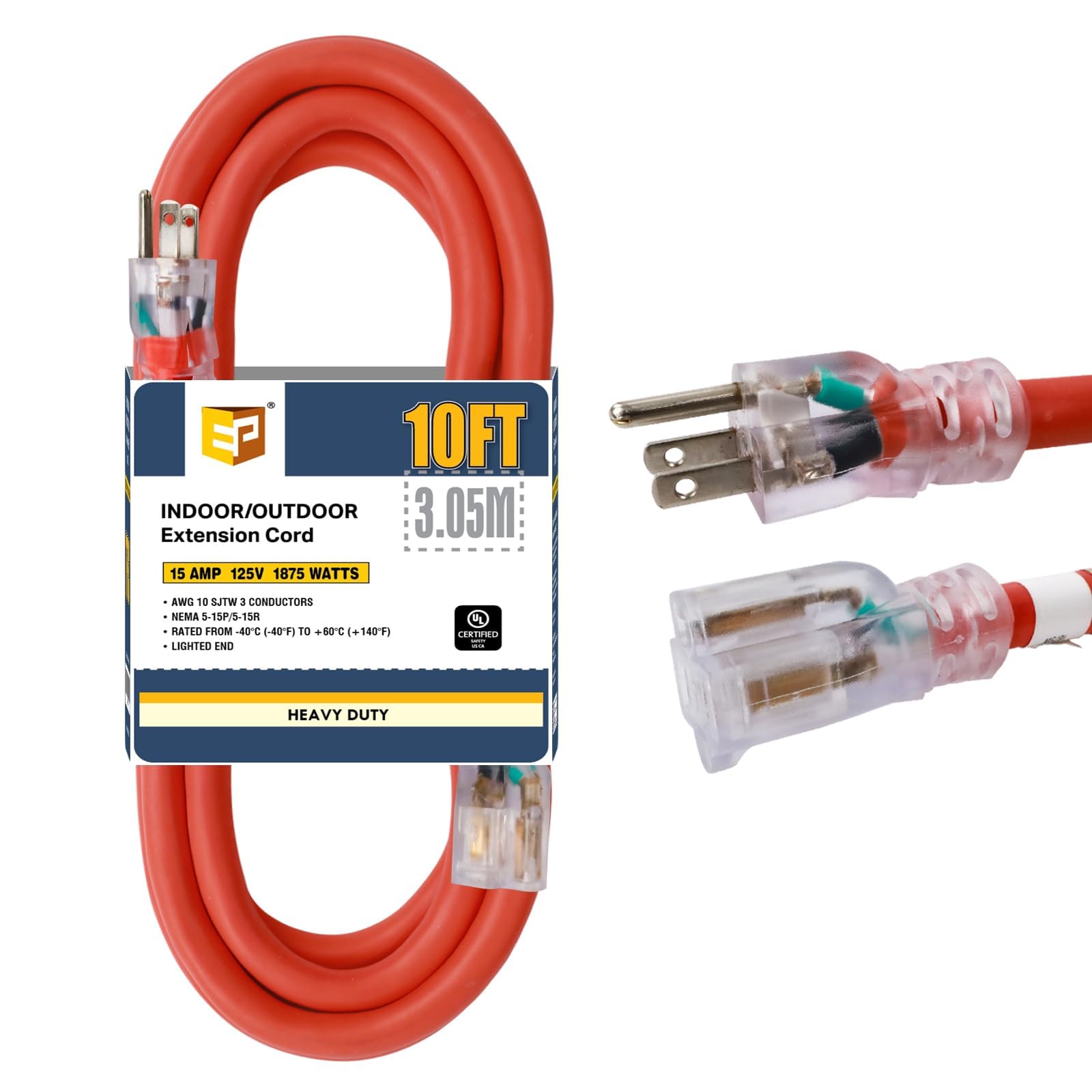 Ep 10 Ft Lighted Outdoor Extension Cord   10/3 Sjtw Heavy Duty Orange Extension Cable With 3 Prong Grounded Plug For Safety, Ul