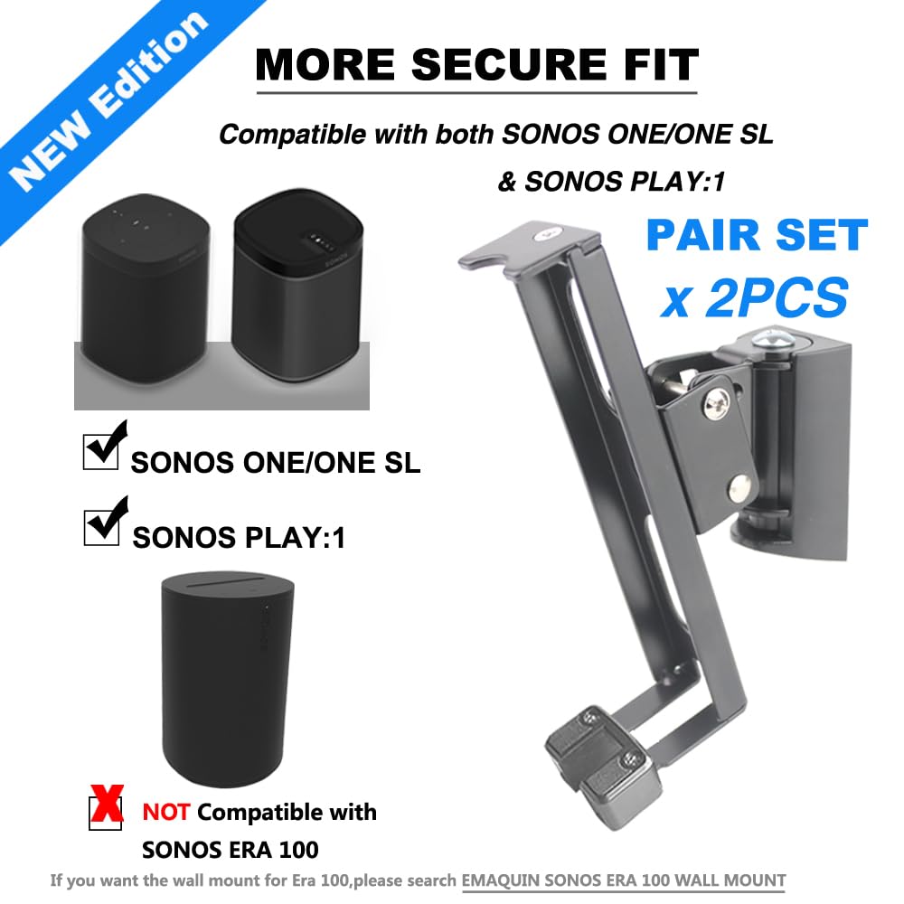 Emaquin Wall Mounts Brackets Pair Set 2Pcs For Sonos One/Sonos One Sl/Sonos Play 1 Speaker (Include 2Pcs,Swivel And Tilt,Compati