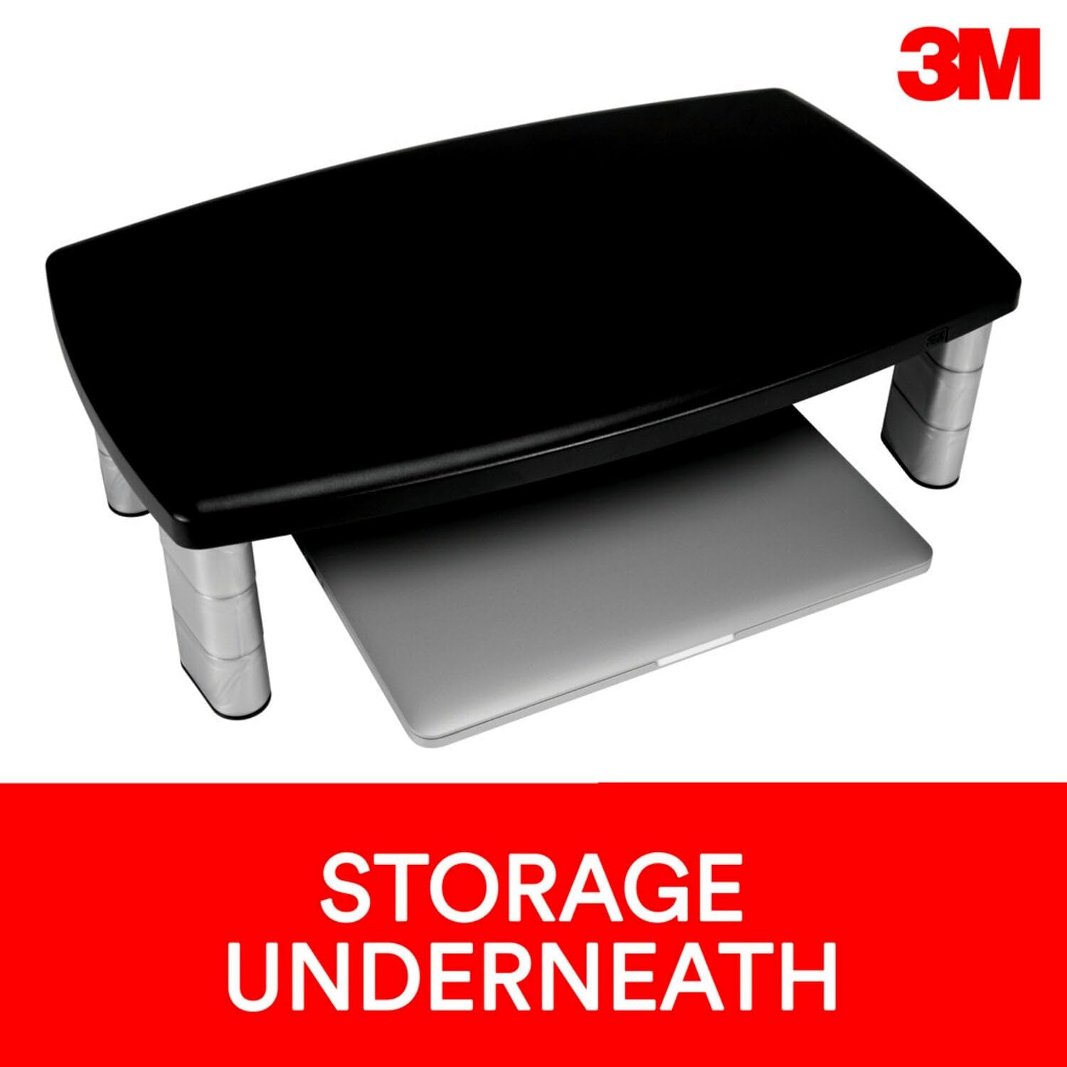 3M Extra Wide Adjustable Monitor Stand, Three Leg Segments Simply Adjust Height From 1'' To 5 7/8'', Sturdy Platform Holds Up To