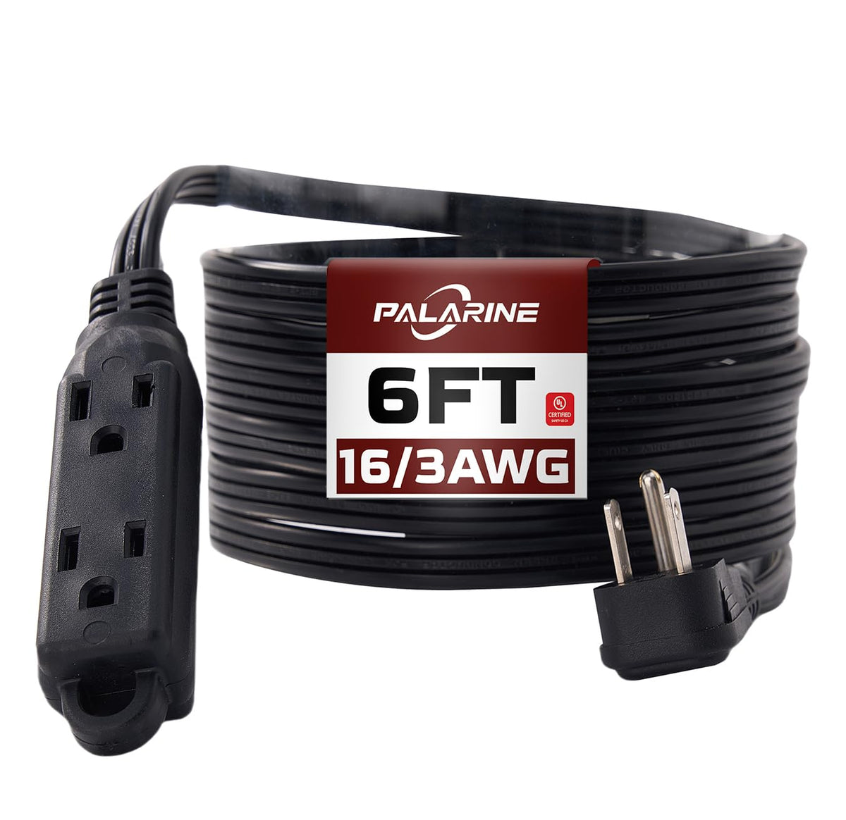 Palarine Flat Plug Extension Cord With 3 Outlets Extender, Power Strip Indoor Extension Cord 16 Gauge 6Ft Black 3 Prong, 16/3 Sp