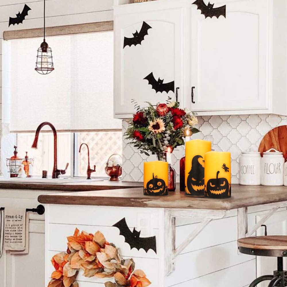Dromance Pumpkin Flameless Candles Battery Operated With 6H Timer, Set Of 3 Real Wax Led Flickering Pillar Candles Spooky Hallow