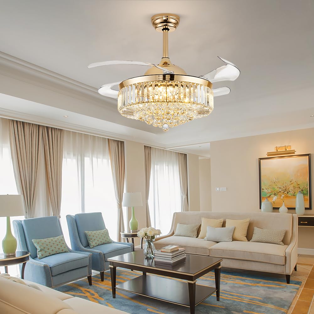 42'' Fandelier Ceiling Fan With Light, Retractable Chandelier Fan Led Dimmable Crystal Ceiling Fan For Bedroom Living Room Dinin
