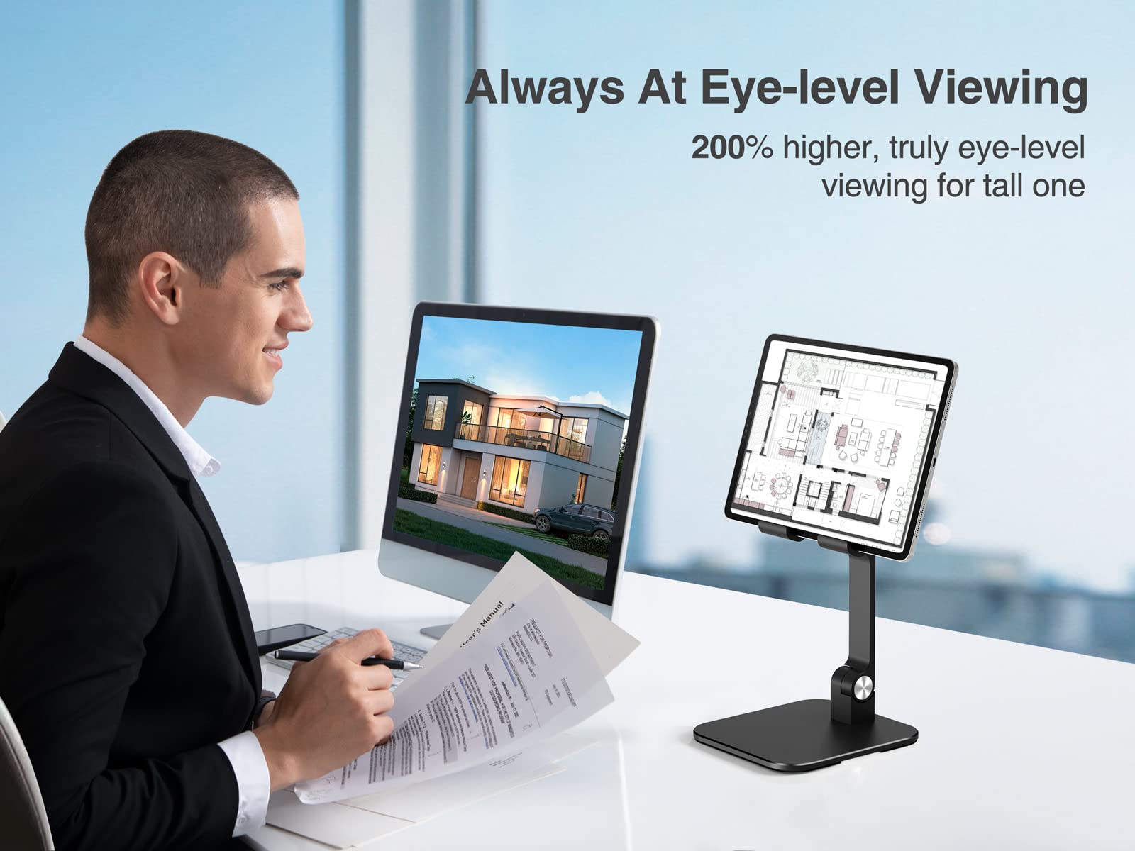 Elitehood Aluminum Ipad Stand For Desk [Ultra Stable & Sturdy], Height Adjustable Tablet Stand, Portable Tablet Holder Dock For Home Office, Compatible With Ipad Pro 12.9, Ipad Air Mini 6 5 4 3, Black