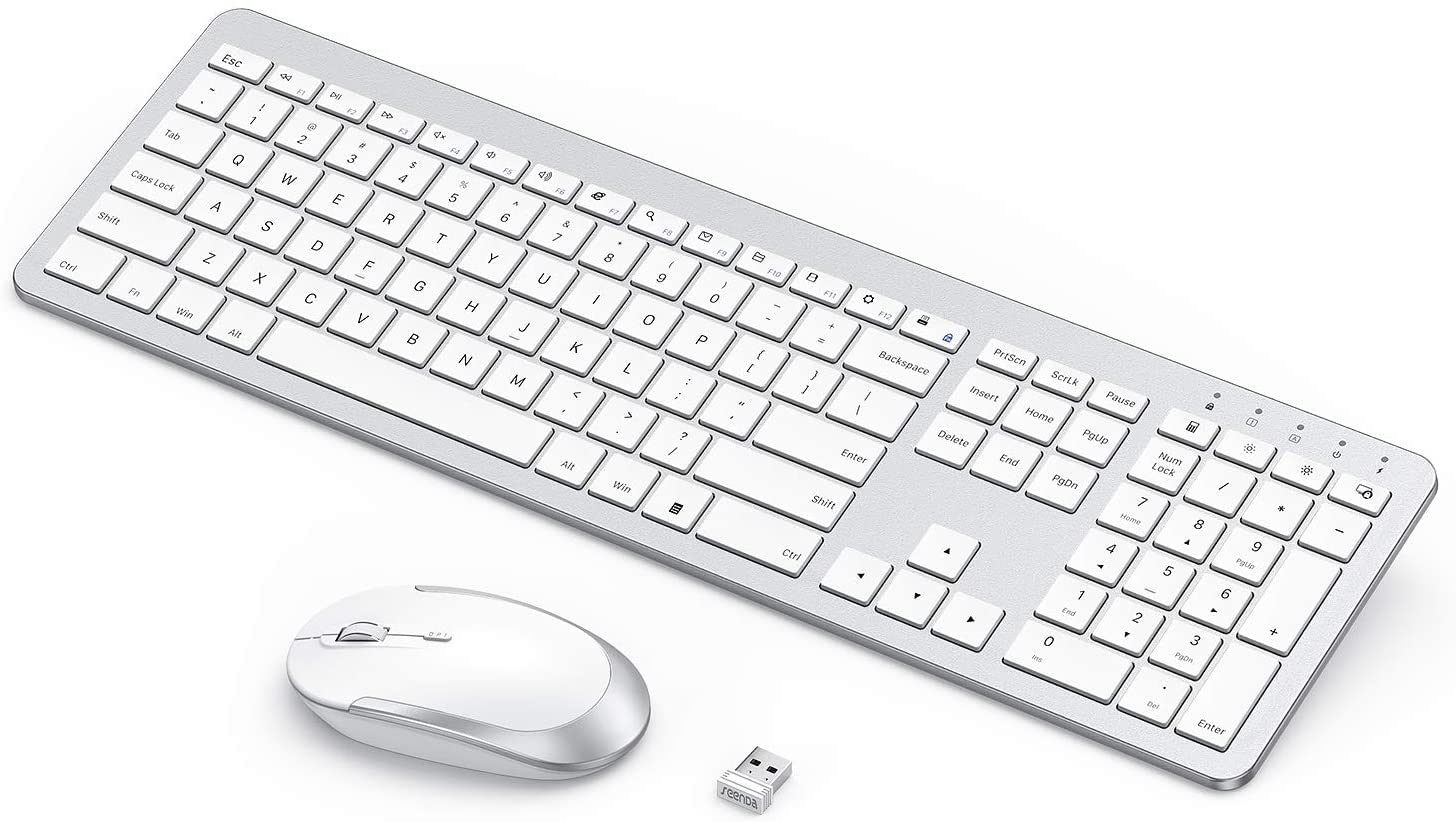 Rechargeable Wireless Keyboard Mouse Combo   Seenda Full Size Cordless Keyboard & Mouse Sets With Build In Lithium Battery Ultra Thin Quiet Keyboard Mice   Silver And White