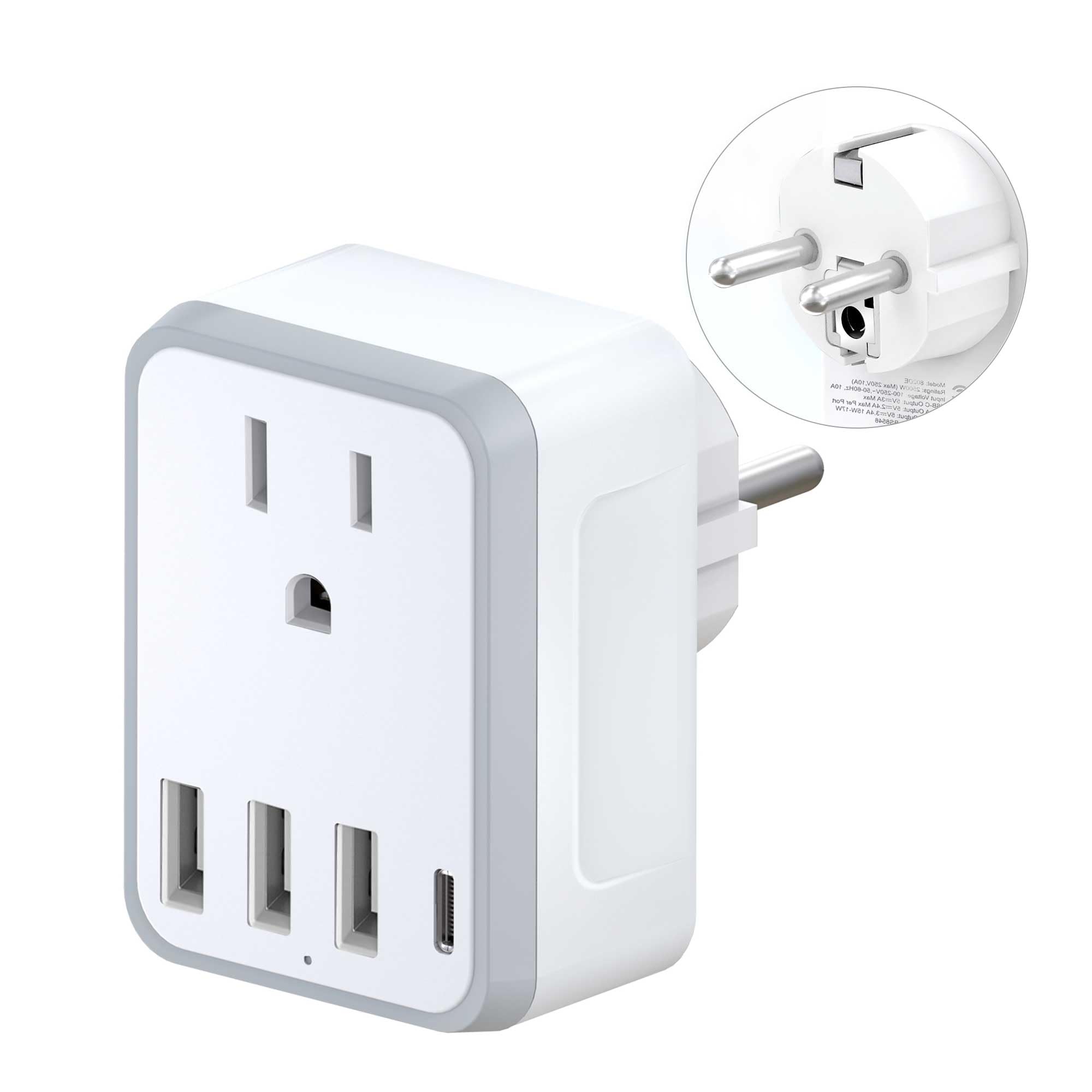 Yinleader Europe Germany France South Korea Type E/F Plug Adapter With 1 Usb C,3 Usb Ports And 1 Outlet   Us To Eu Travel Conver