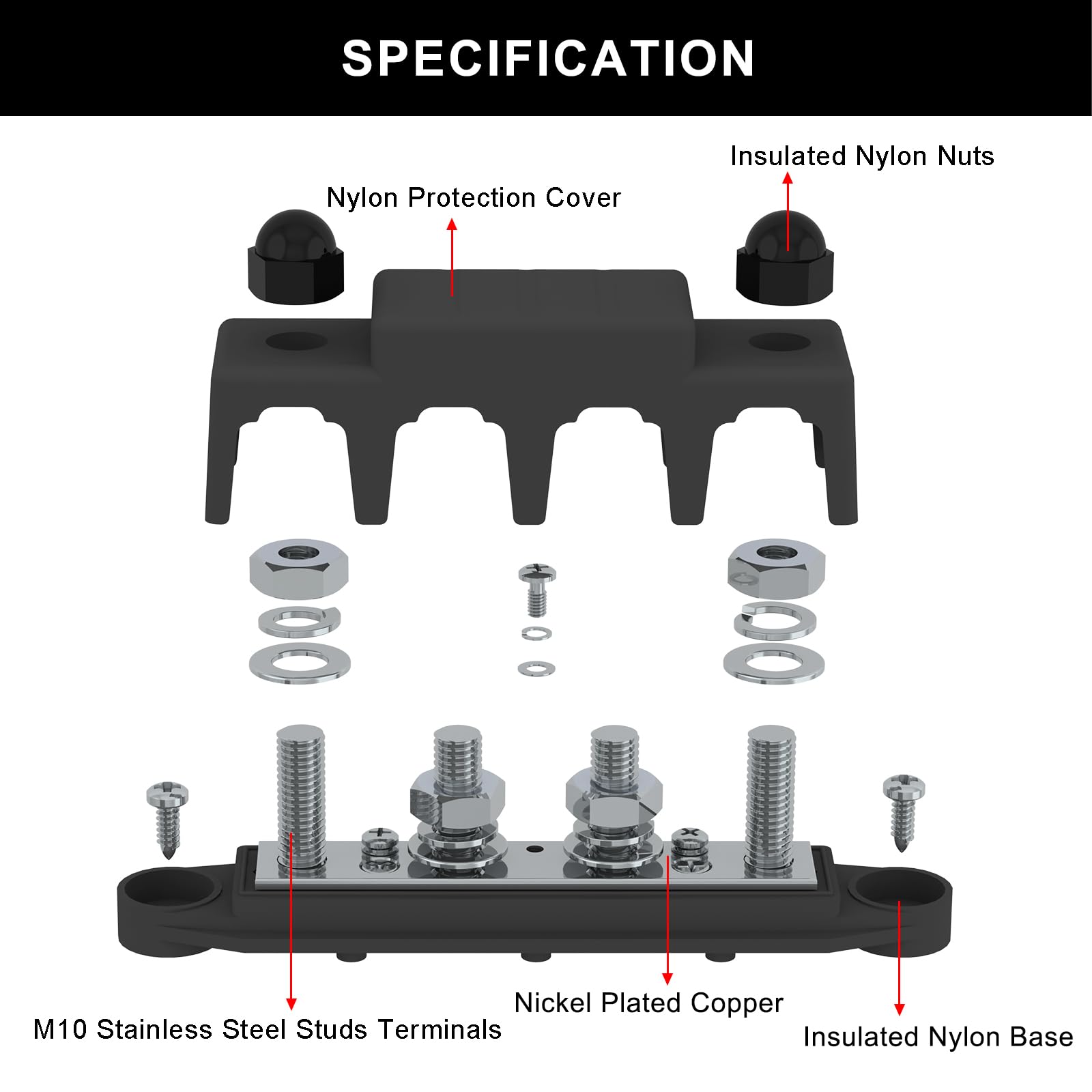 Bus Bar 250A 12V Power Distribution Block With 3/8'' (M10) 4 Posts Terminals Block With Cover For Automotive, Marine, Battery Sy