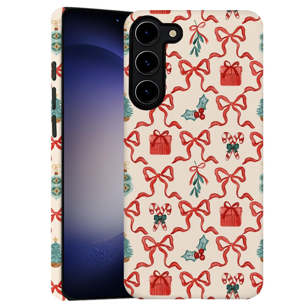 TnXee Case for Samsung Galaxy S23,Red Green Christmas Tree Scroll Bow Phone Case Drop Resistant Frosted 2 in 1 Solid Dual-Layer 