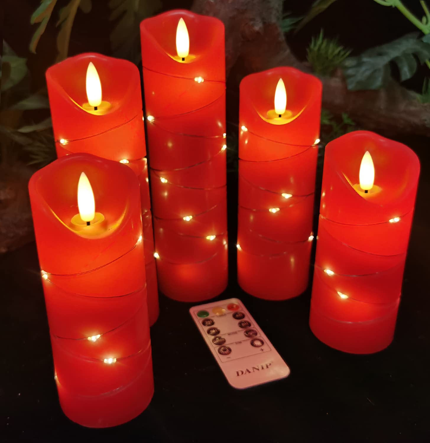 Danip Red Led Flameless Candle With Embedded Star String, 5Piece Led Candle With 11 Button Remote Control, 24 Hours Timer Functi