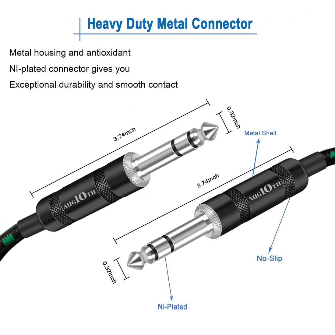 Augioth 1/4 Trs Cable 20Ft, Balance 6.35Mm Trs Plug, Stereo Quarter Inch Trs Male Cable For Power Speaker, Mixer, Amplifier
