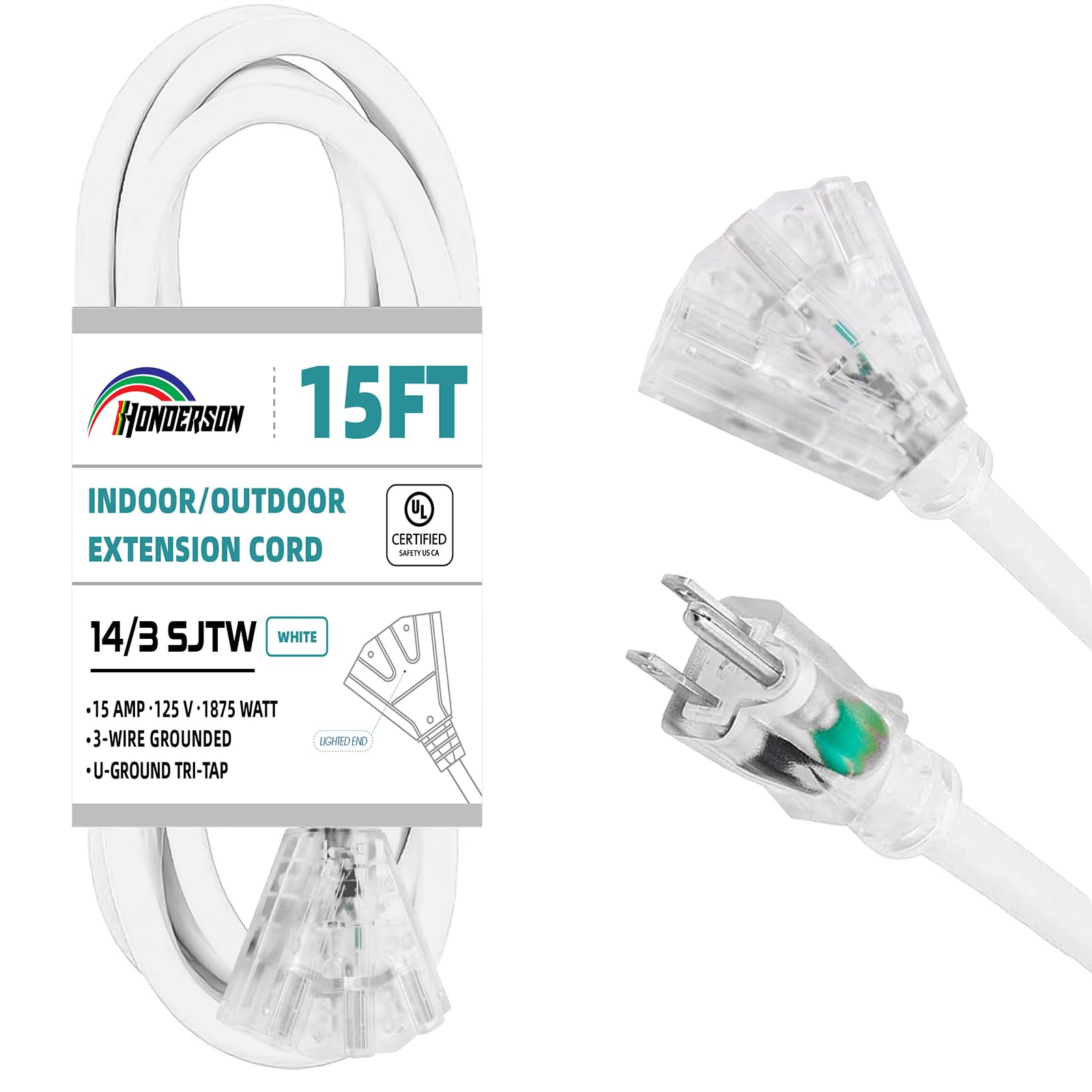 Honderson 3 Outlets Indoor Outdoor Extension Cord Weatherproof With Lighted End, Ul Listed, 14 Gauge 15Ft White 3 Prong Heavy Du