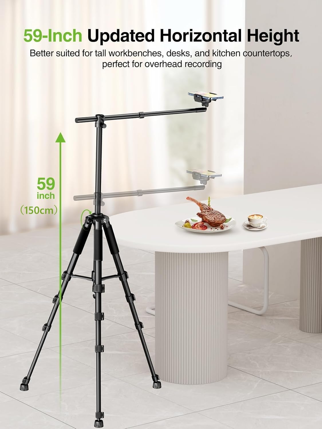 Elitehood Phone Tripod For Overhead Video Recording - Updated Horizontal 59-Inch Adjustable Tripod For Iphone With 25In Long Ext