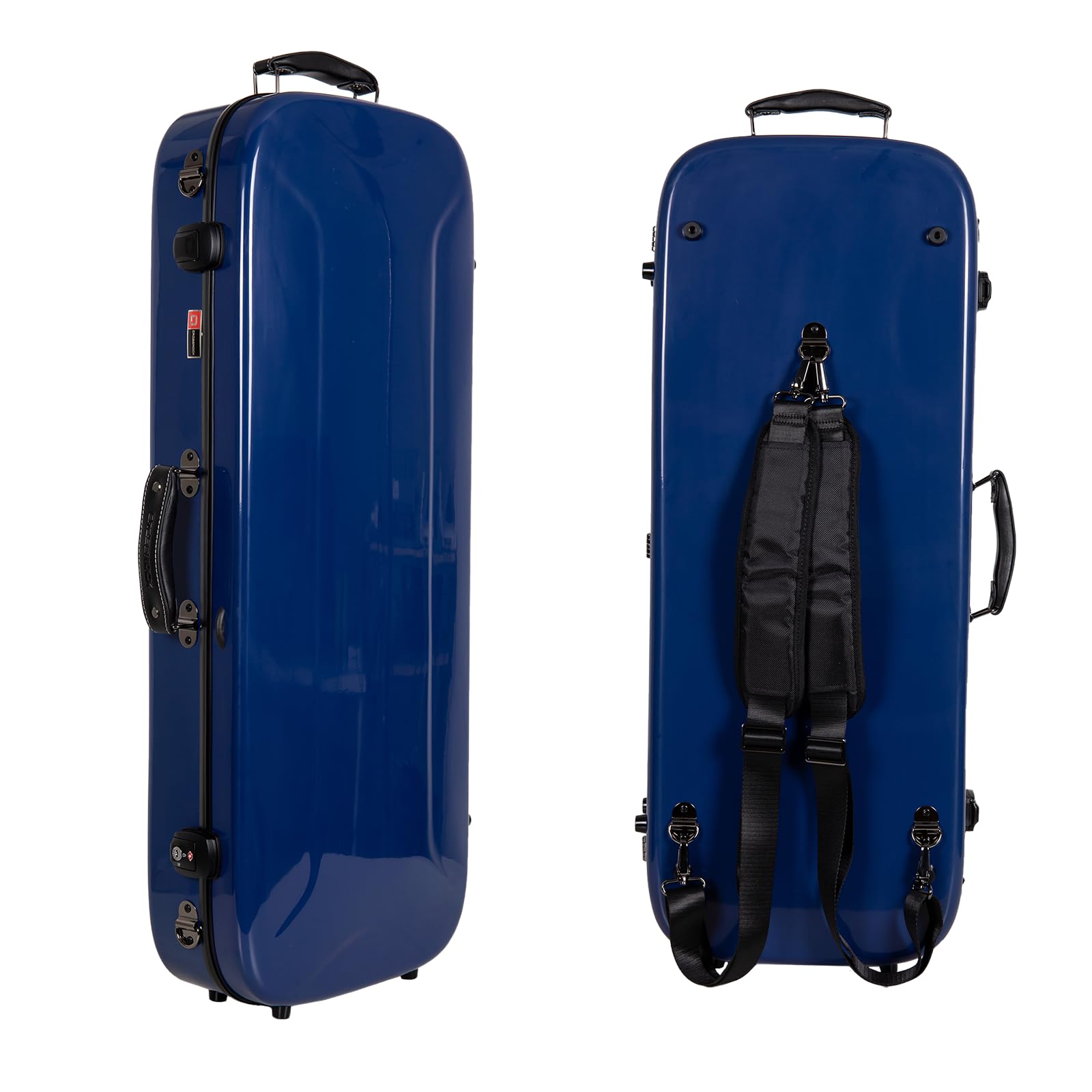 Crossrock Fiberglass Mandolin Case - Oblong For F-Style (Fits Gibson F5) | Navy Blue Gloss Finish, Forest Green Velvet, Tsa Lock