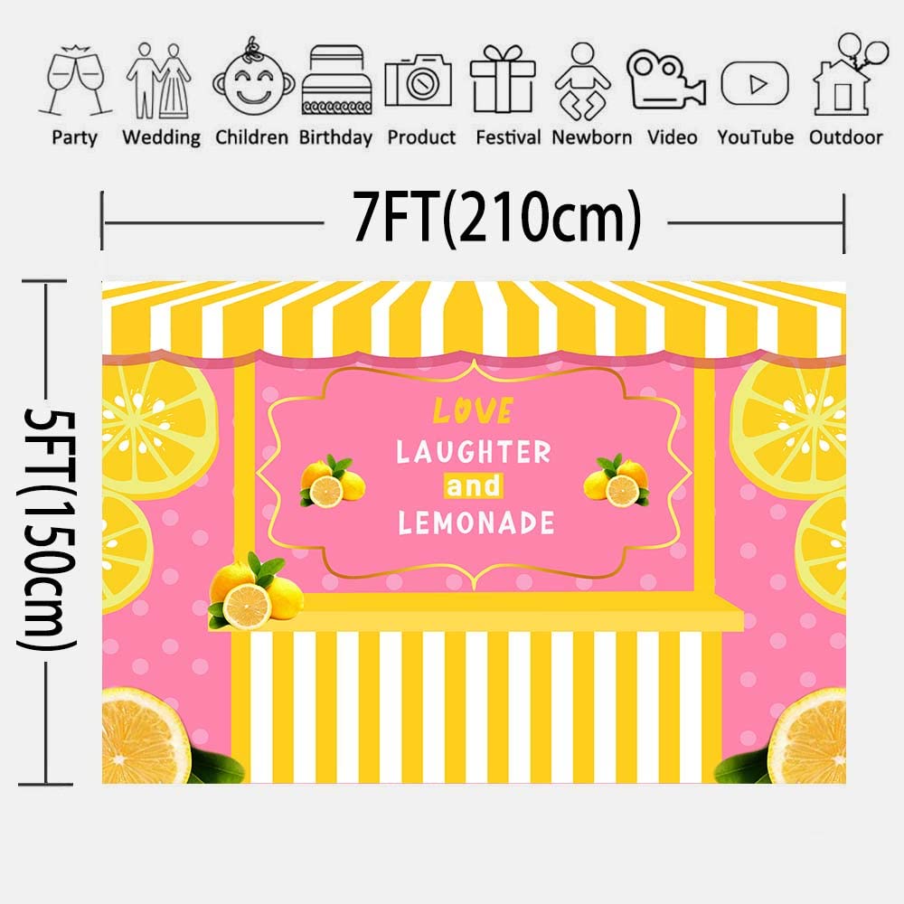 Luckbty Yellow Lemon Backdrops For Party Shower Wall Decoration 7X5Ft Love Laughter And Lemonade Pink Photography Background Pho