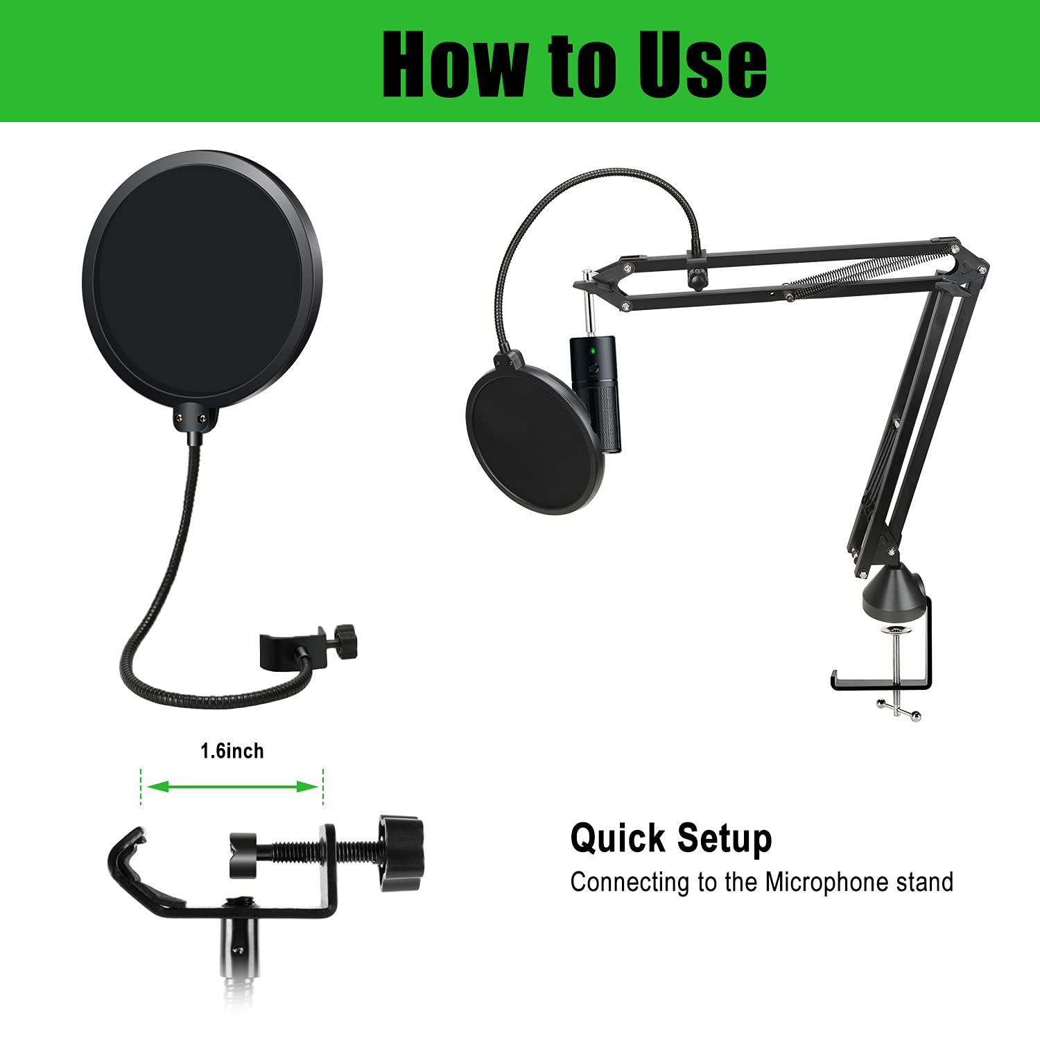 For Razer Seiren X Boom Arm With Pop Filter, Reduce Wind Noises Mic Cover And Cable Ties   Professional Mic Stand, 3/8 '' To 5/8
