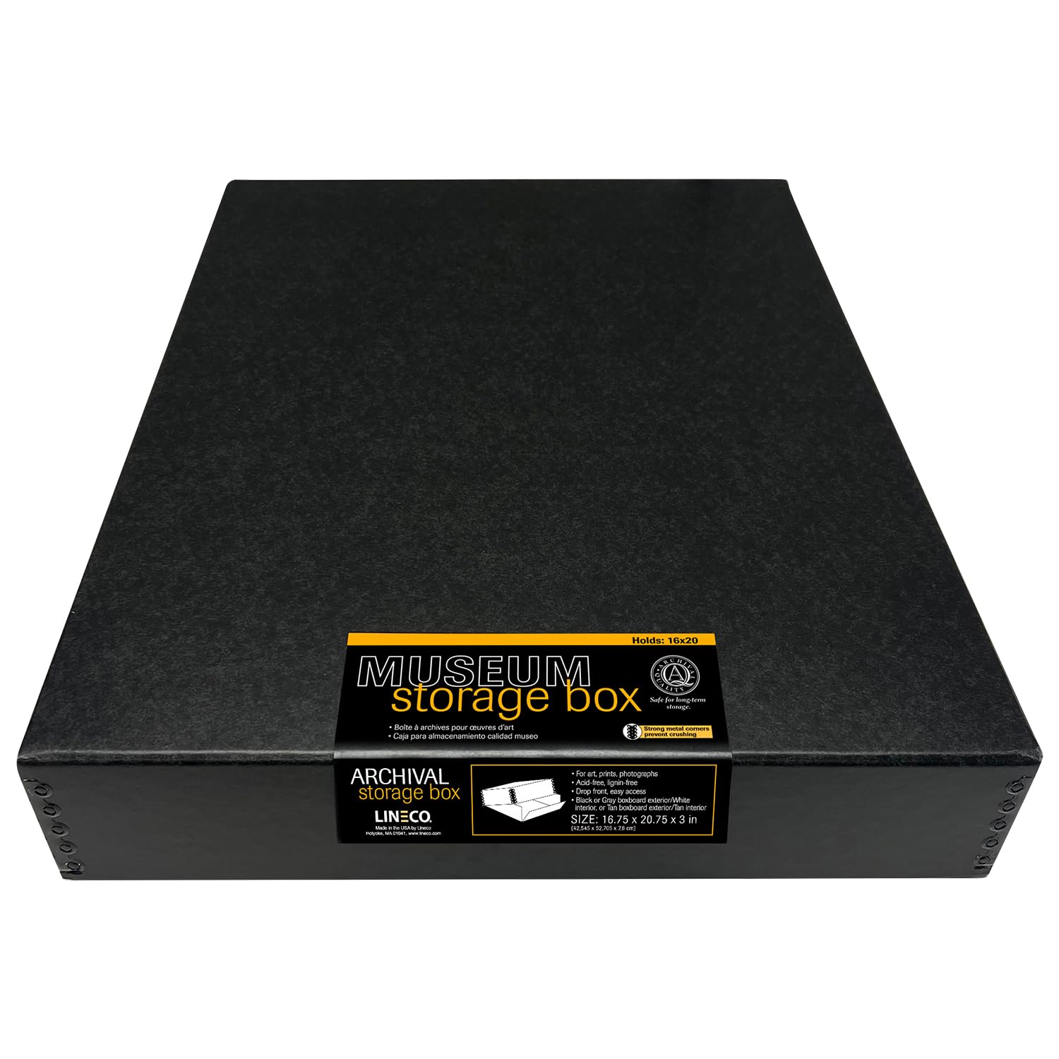 Lineco Museum Archival Storage Box, 16.75X20.75X3 In. Drop Front Design. Acid Free With Metal Edge. Organize Photos, Pictures, Prints, Documents, Crafts, Diy. Black, 1 Pack