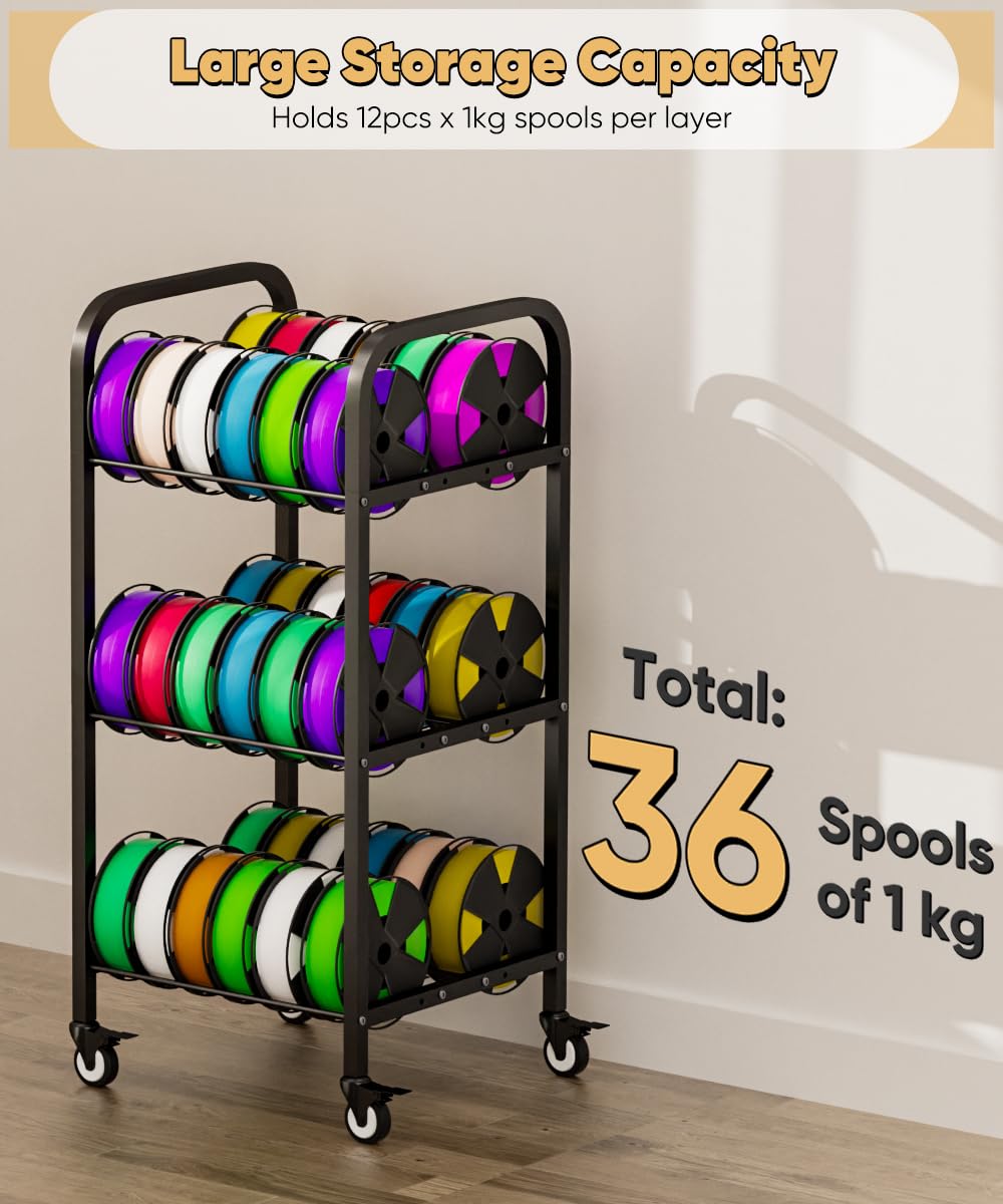 Anbaimei 3-Tier 3D Printer Filament Storage Rack With Wheels, Rolling Spool Holder Stand Cart, Holds Up To 36  1Kg Spools, Heavy