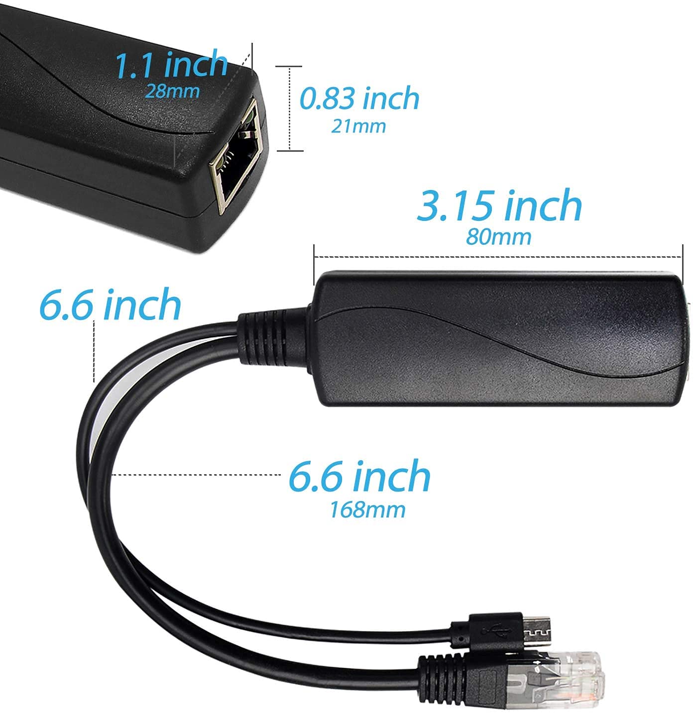 Revodata Gigabit Micro Usb Poe Splitter 5V/3A, 48V Poe To Micro Usb 5V/3A Output, 10/100/1000Mbps Active Ieee802.3Af/At, Poe Ada